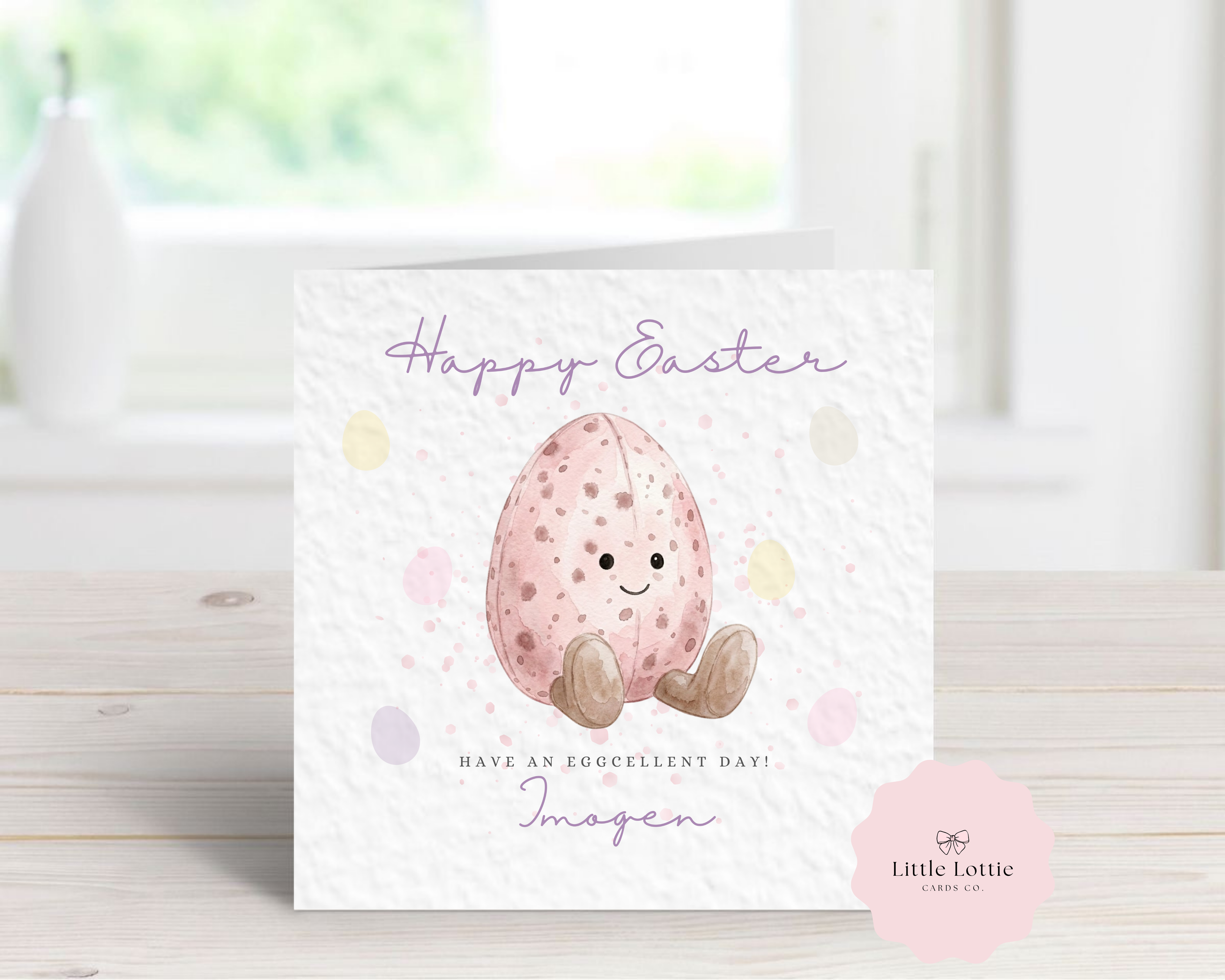 Personalised "Eggcellent Day" Easter Card - Watercolor Pink Speckled Mini Egg Design - Custom Name - Fun Easter Card for Kids, Daughter, Granddaughter - Luxury 6" Square