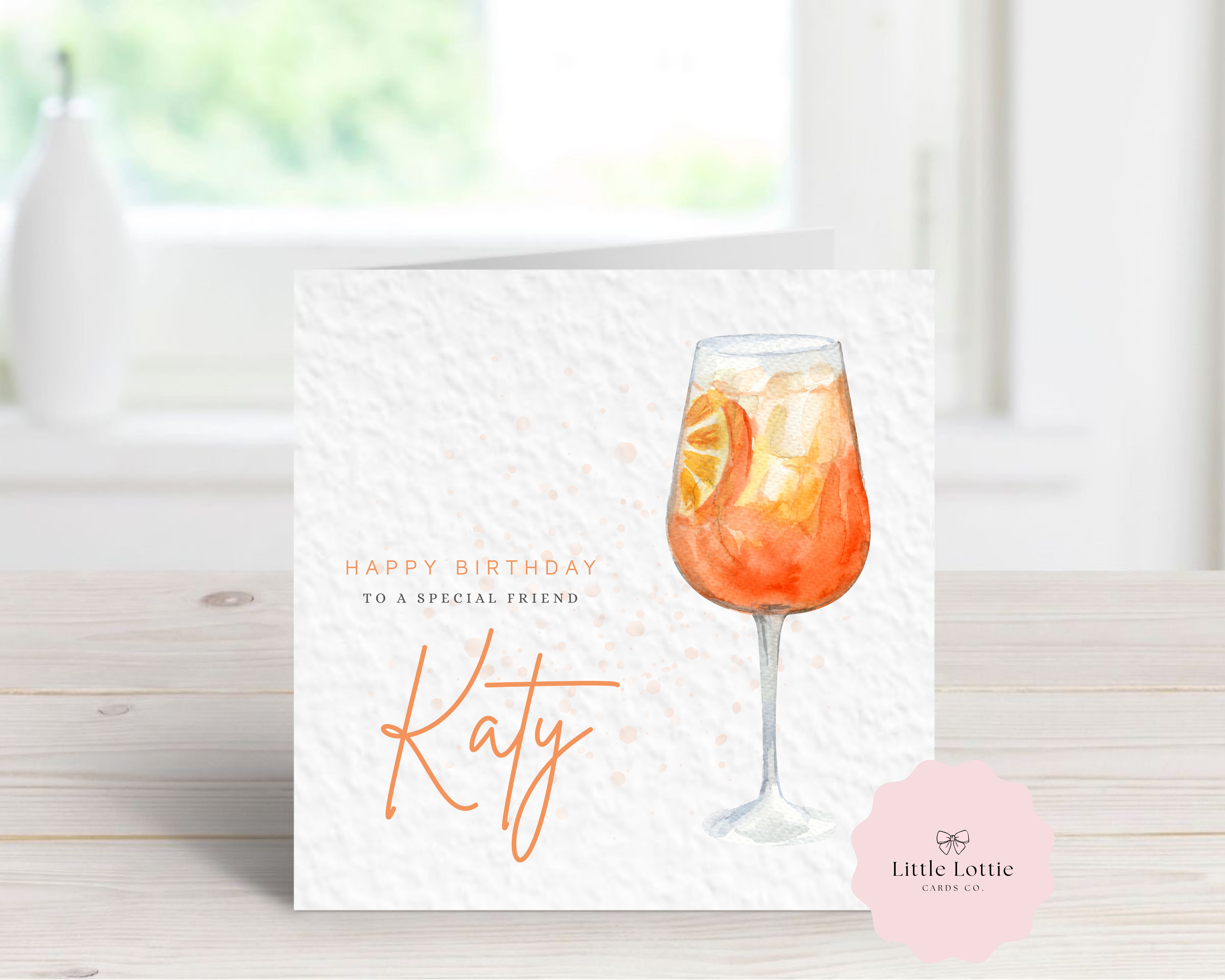 Personalised Aperol Spritz Birthday Card - Any Name & Relation - Luxury Orange Watercolor Cocktail Illustration - Custom "Happy Birthday" Friend Card - Large 6" Square