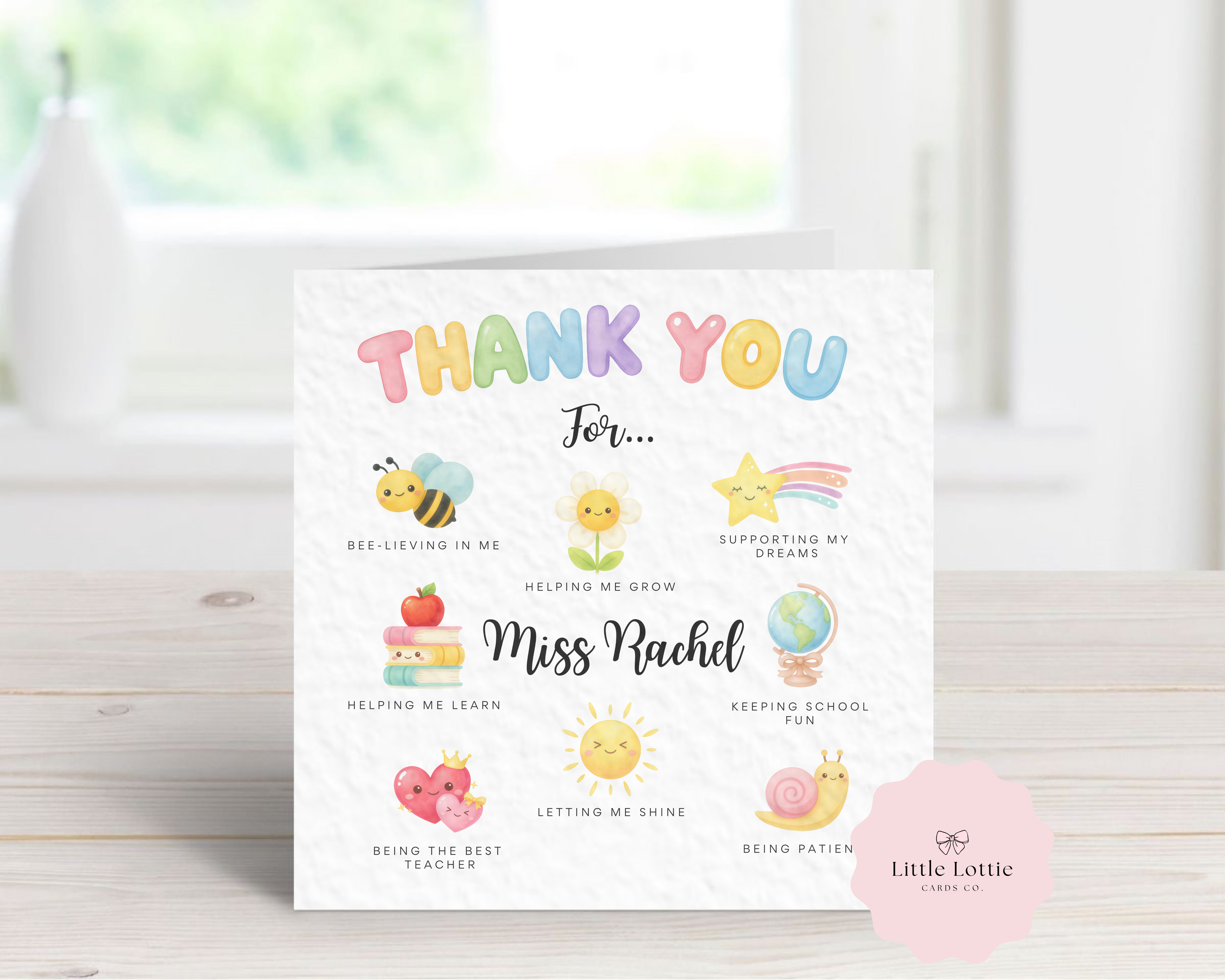 Personalised Thank You For... Teacher Card - Custom Name Cute Icons Design