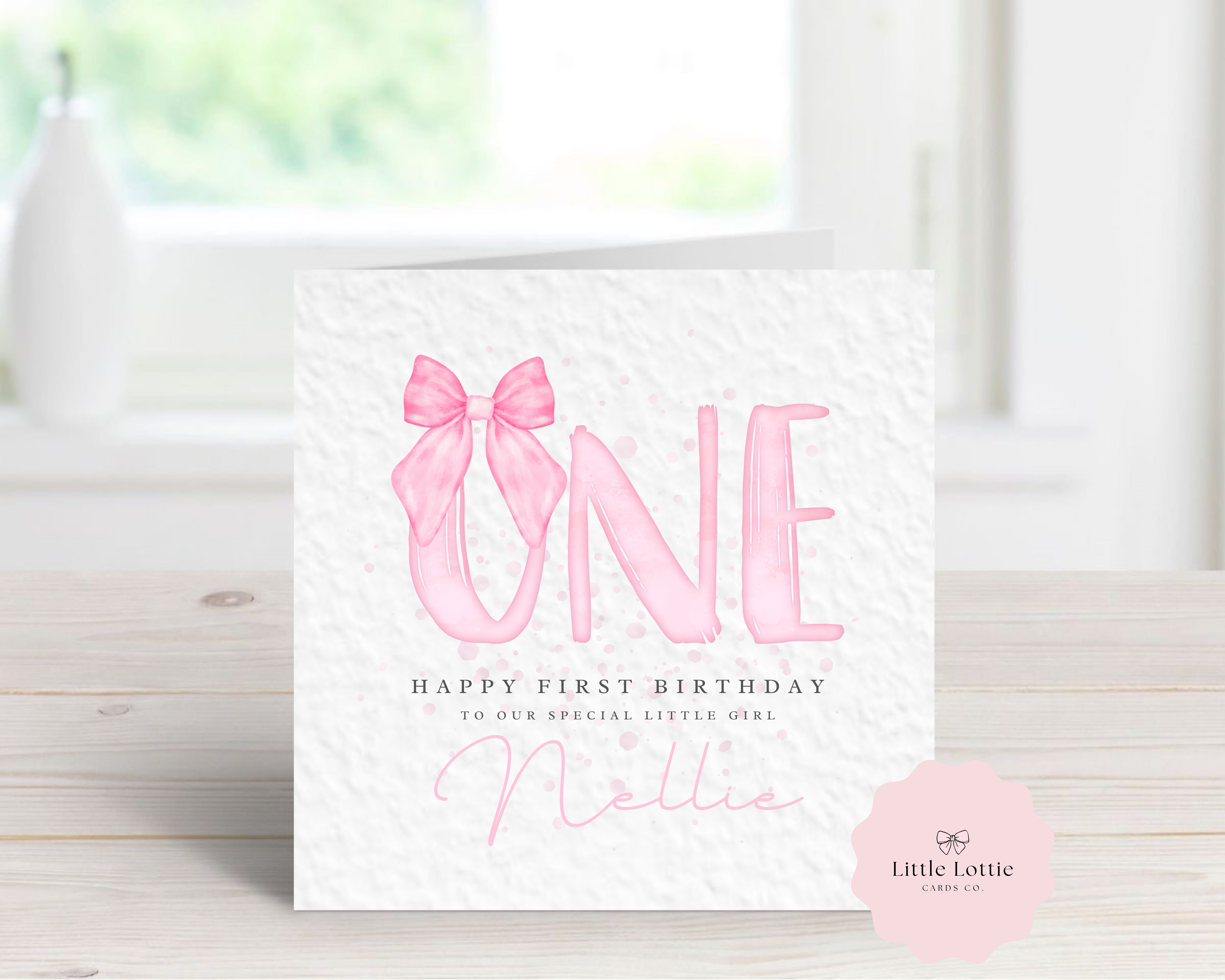 Personalised 1st Birthday Card - Any Name & Relation - Luxury Pink Watercolor "ONE" Illustration - First Birthday Card for Daughter, Niece, Granddaughter - Large 6" Square