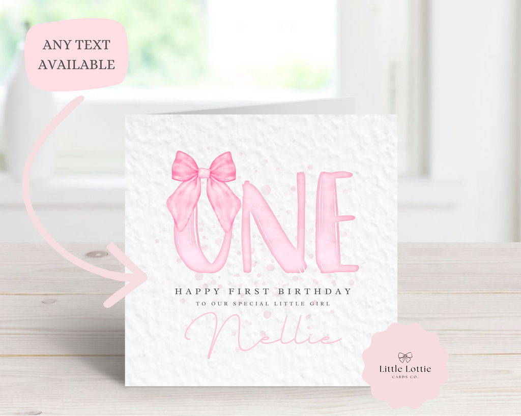 Personalised 1st Birthday Card - Any Name & Relation - Luxury Pink Watercolor "ONE" Illustration - First Birthday Card for Daughter, Niece, Granddaughter - Large 6" Square