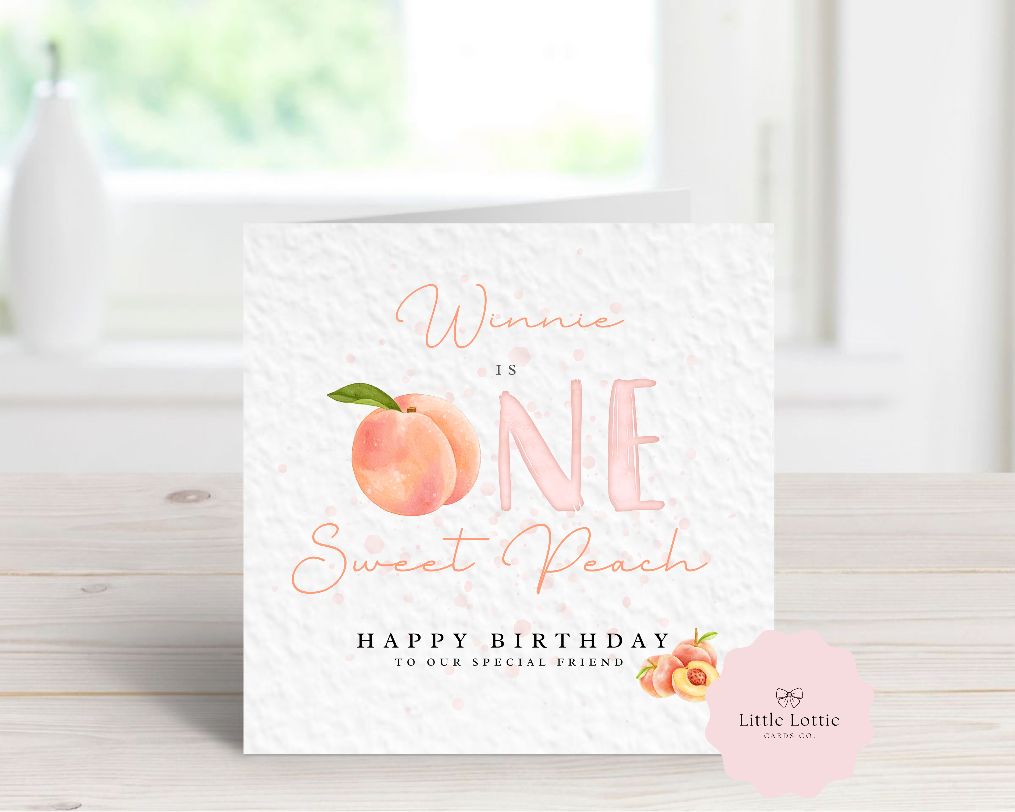 Personalised 1st Birthday Card - "One Sweet Peach" Watercolor Fruit Theme - Custom Name & Relation - First Birthday Card for Daughter, Friend, Niece - Large 6" Square