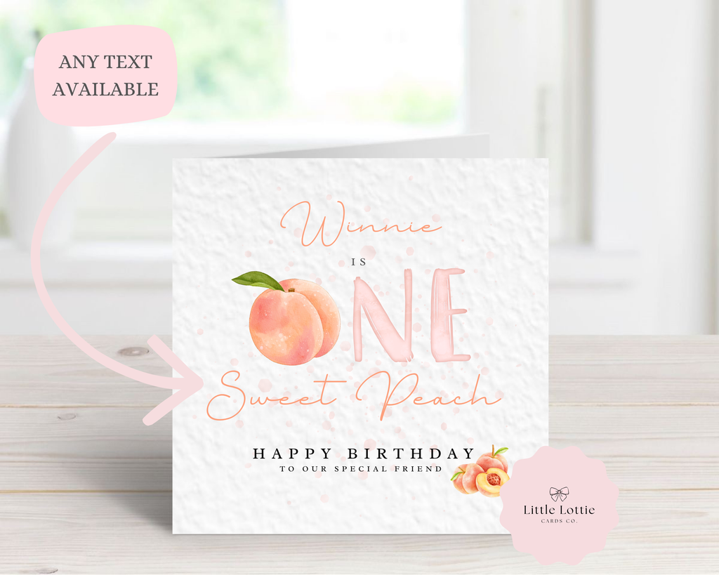 Personalised 1st Birthday Card - "One Sweet Peach" Watercolor Fruit Theme - Custom Name & Relation - First Birthday Card for Daughter, Friend, Niece - Large 6" Square
