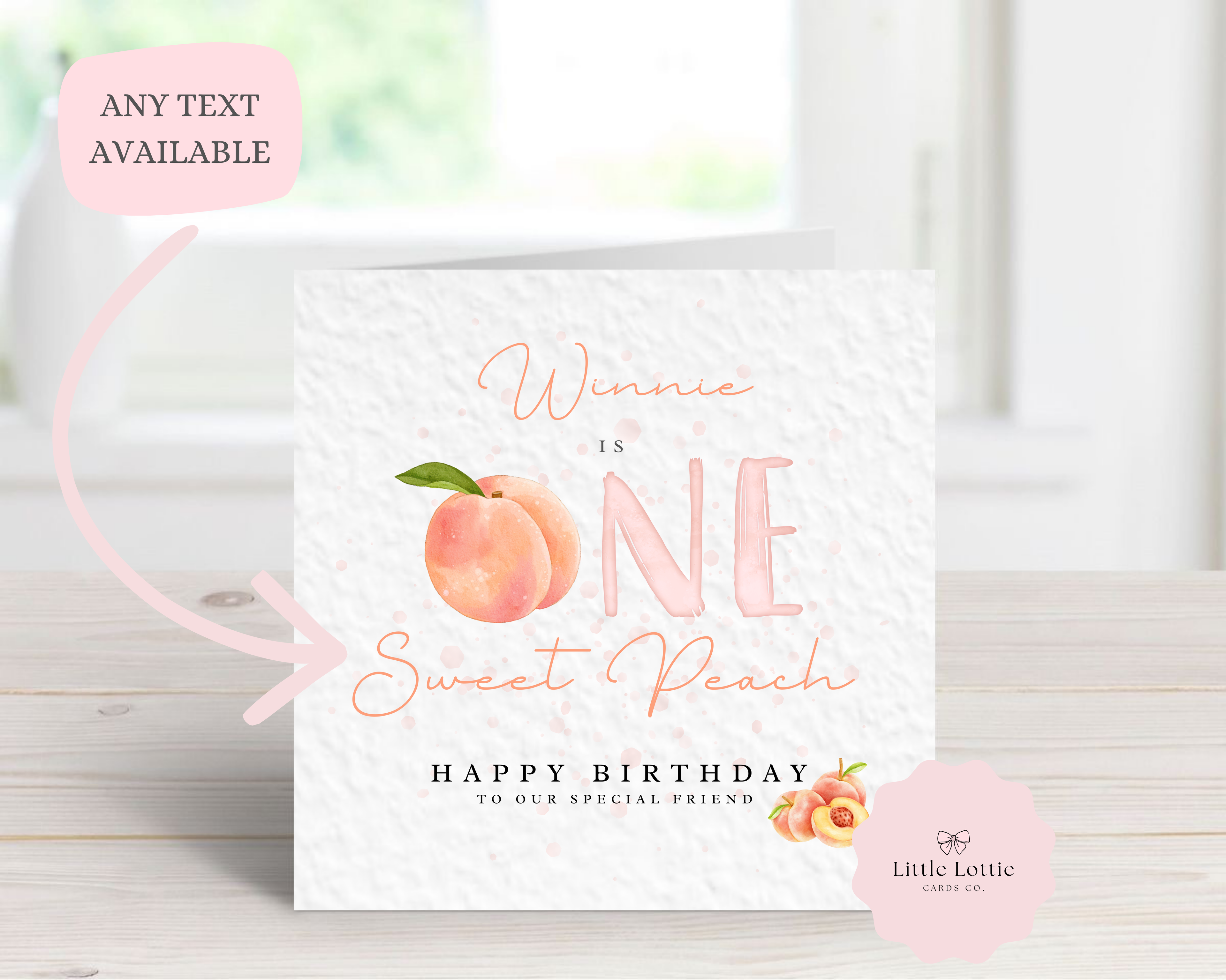 Personalised 1st Birthday Card - "One Sweet Peach" Watercolor Fruit Theme - Custom Name & Relation - First Birthday Card for Daughter, Friend, Niece - Large 6" Square