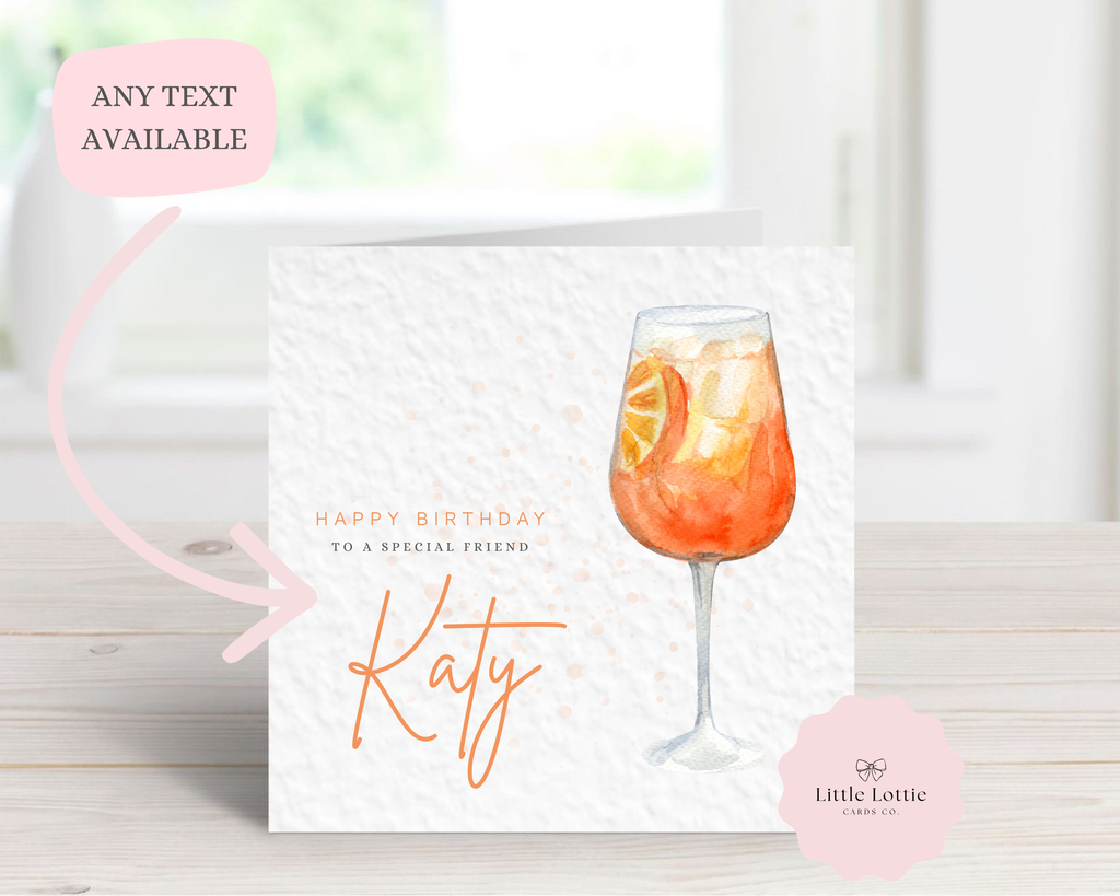 Personalised Aperol Spritz Birthday Card - Any Name & Relation - Luxury Orange Watercolor Cocktail Illustration - Custom "Happy Birthday" Friend Card - Large 6" Square