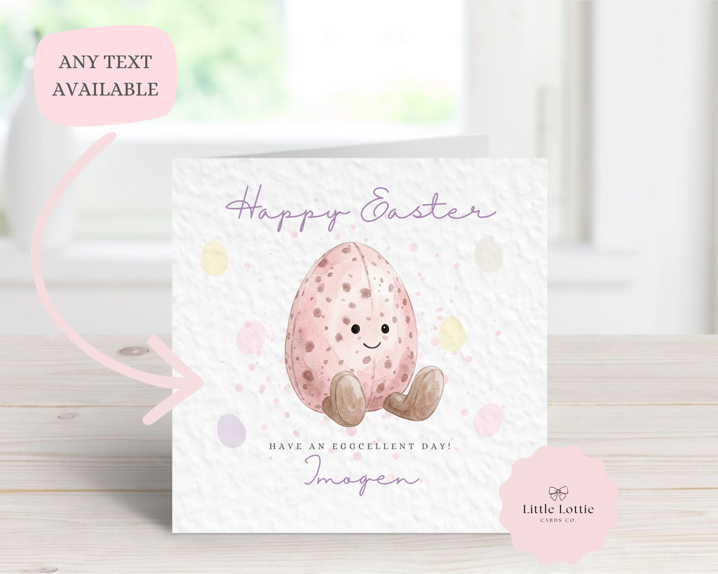 Personalised "Eggcellent Day" Easter Card - Watercolor Pink Speckled Mini Egg Design - Custom Name - Fun Easter Card for Kids, Daughter, Granddaughter - Luxury 6" Square