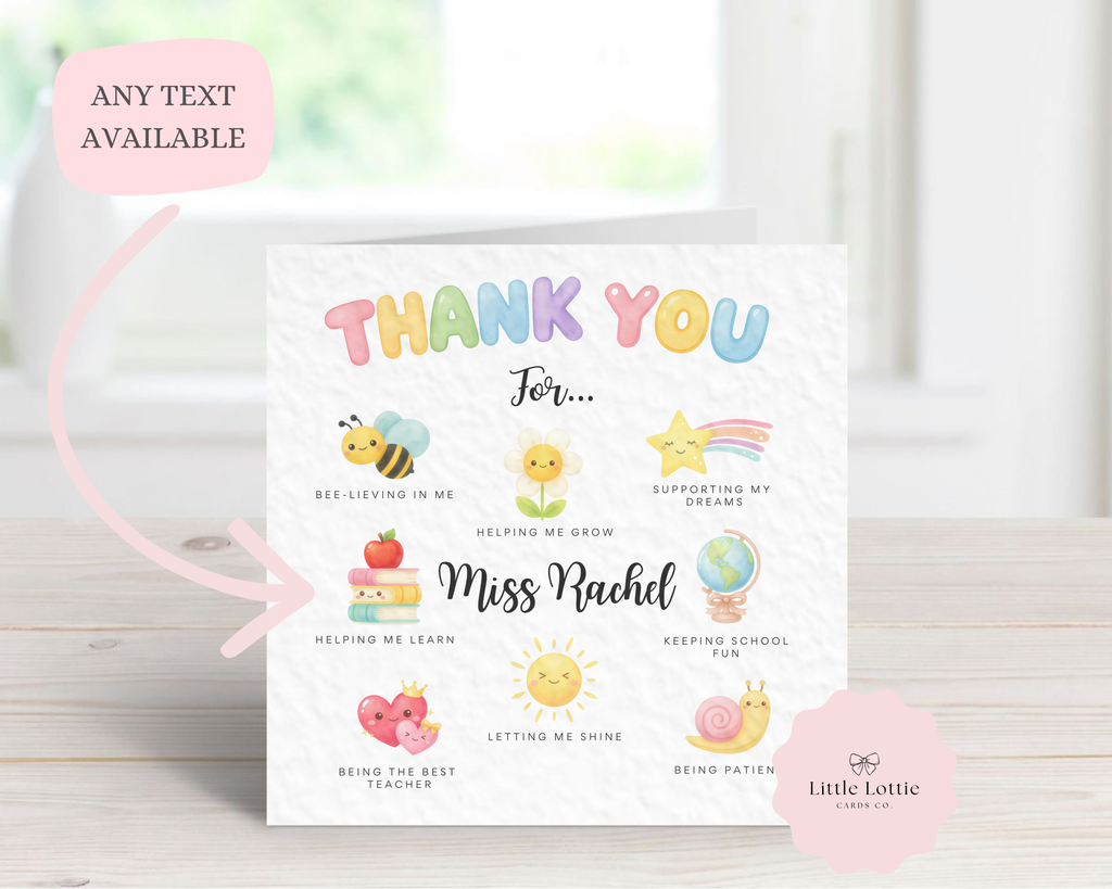 Personalised Thank You For... Teacher Card - Custom Name Cute Icons Design