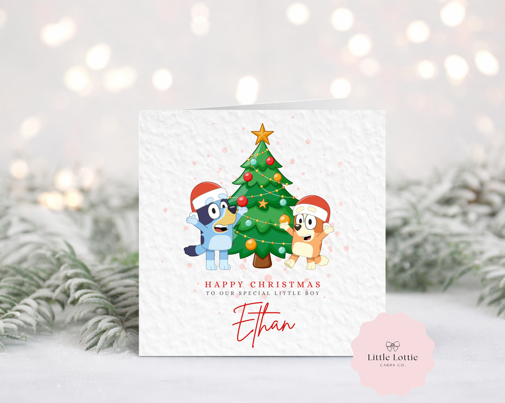 Personalised Bluey Christmas Card - Bluey and Bingo Christmas Tree Illustration