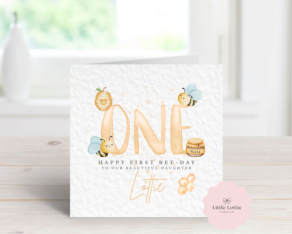 Personalised 1st Birthday Card - "Happy First Bee-Day" Watercolor Bee Theme - Any Name & Relation - Custom First Birthday Card for Daughter, Granddaughter - Large 6" Square