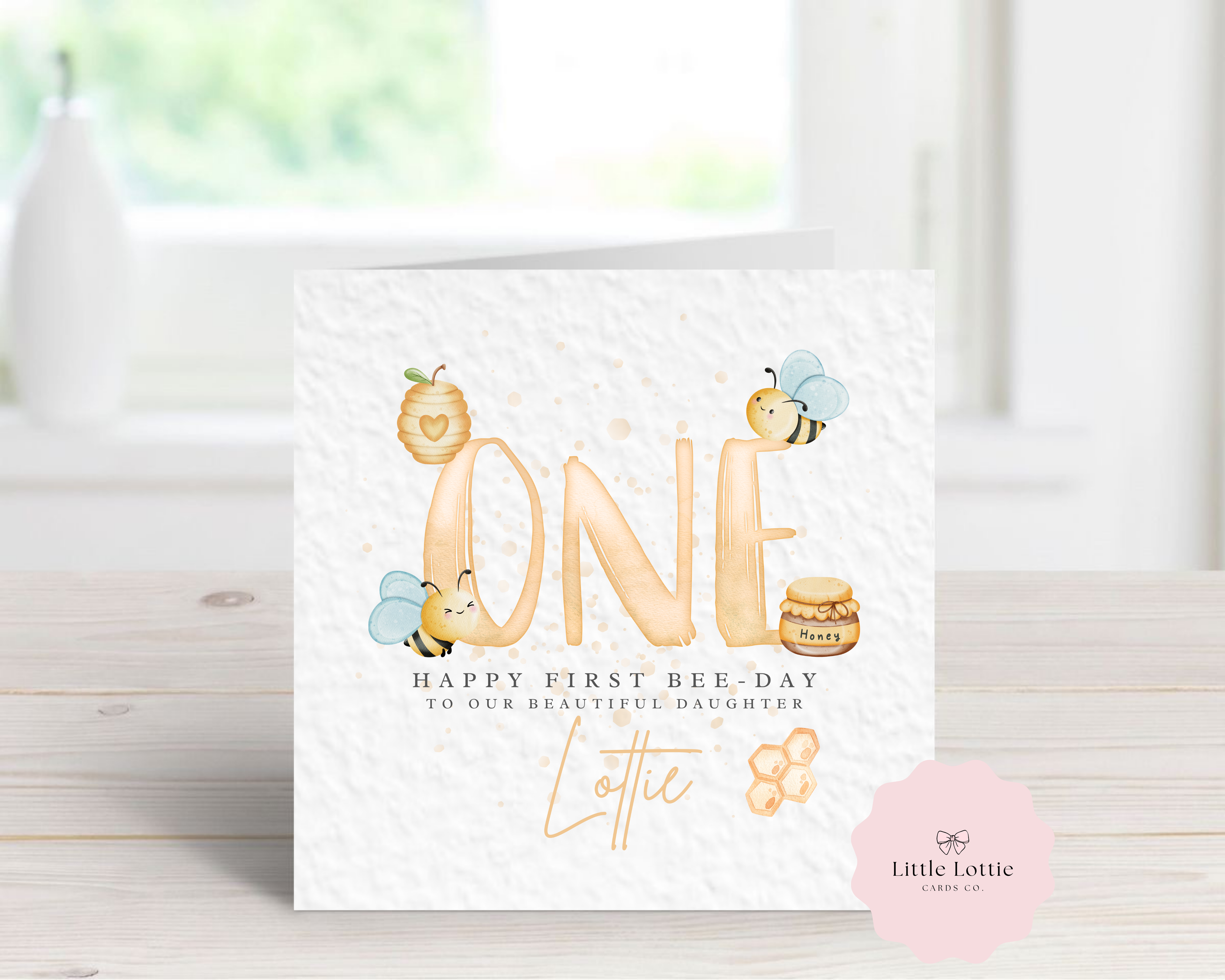 Personalised 1st Birthday Card - "Happy First Bee-Day" Watercolor Bee Theme - Any Name & Relation - Custom First Birthday Card for Daughter, Granddaughter - Large 6" Square