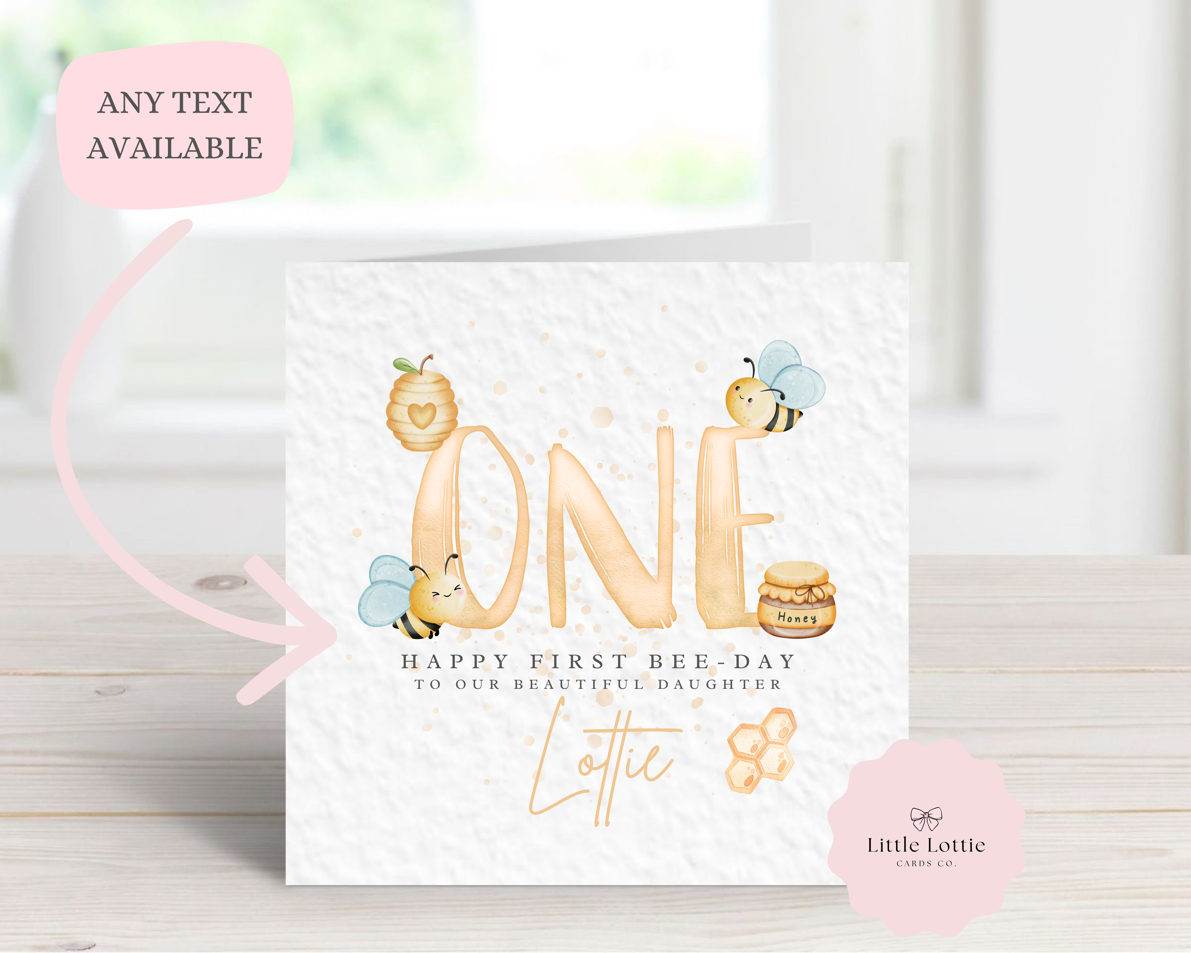 Personalised 1st Birthday Card - "Happy First Bee-Day" Watercolor Bee Theme - Any Name & Relation - Custom First Birthday Card for Daughter, Granddaughter - Large 6" Square