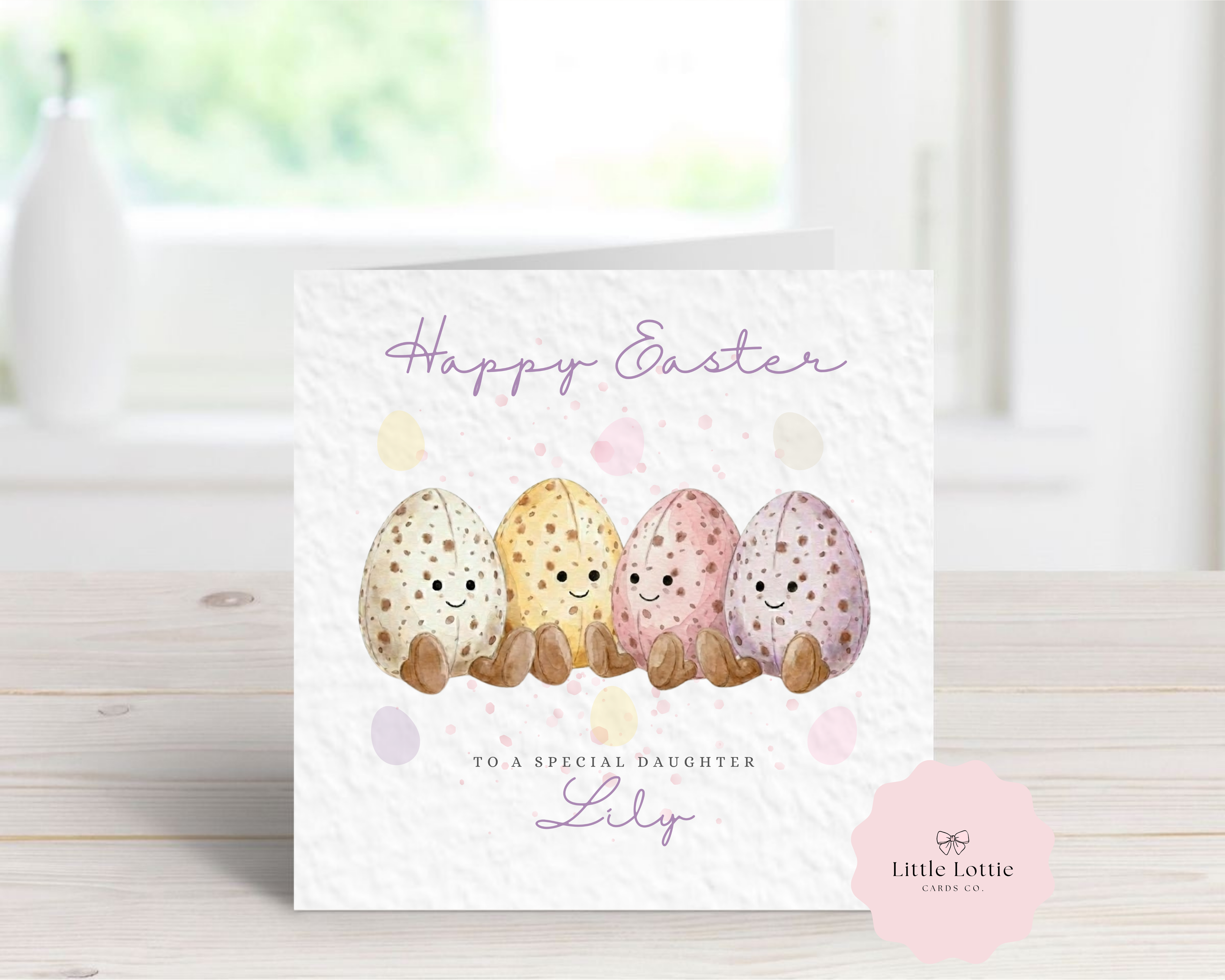 Personalised Easter Card for Daughter - Watercolor Mini Egg Family Design - Custom Name &amp; Relation - Luxury 6" Square Card for Granddaughter, Niece, Special Little Girl