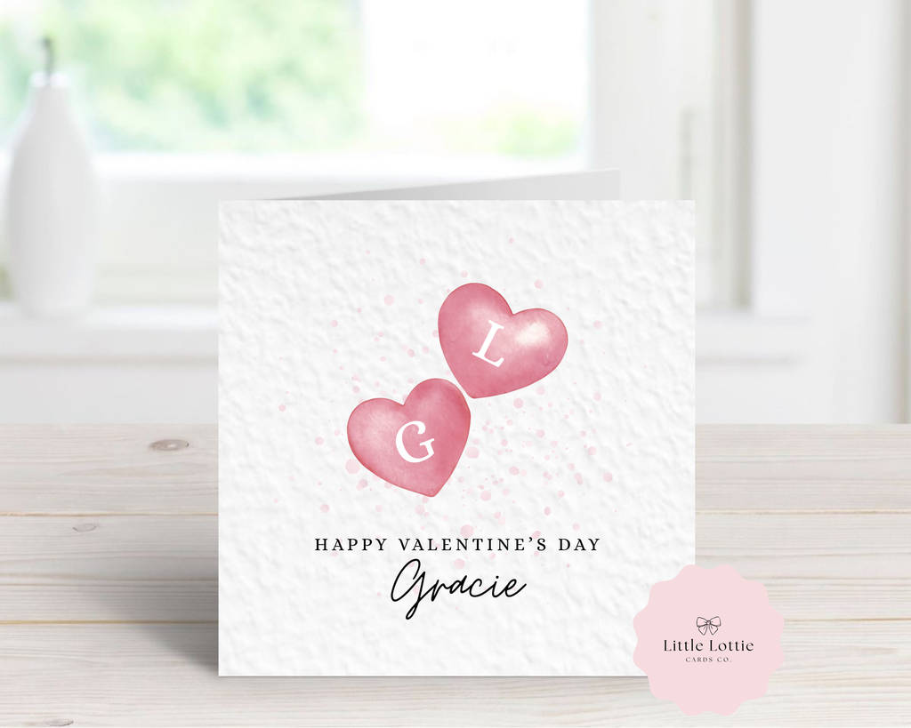Personalised Valentine’s Day Card - Any Name & Relation - Double Watercolor Hearts Illustration - Custom Initial "Gracie" Card - Luxury Square Card for Her