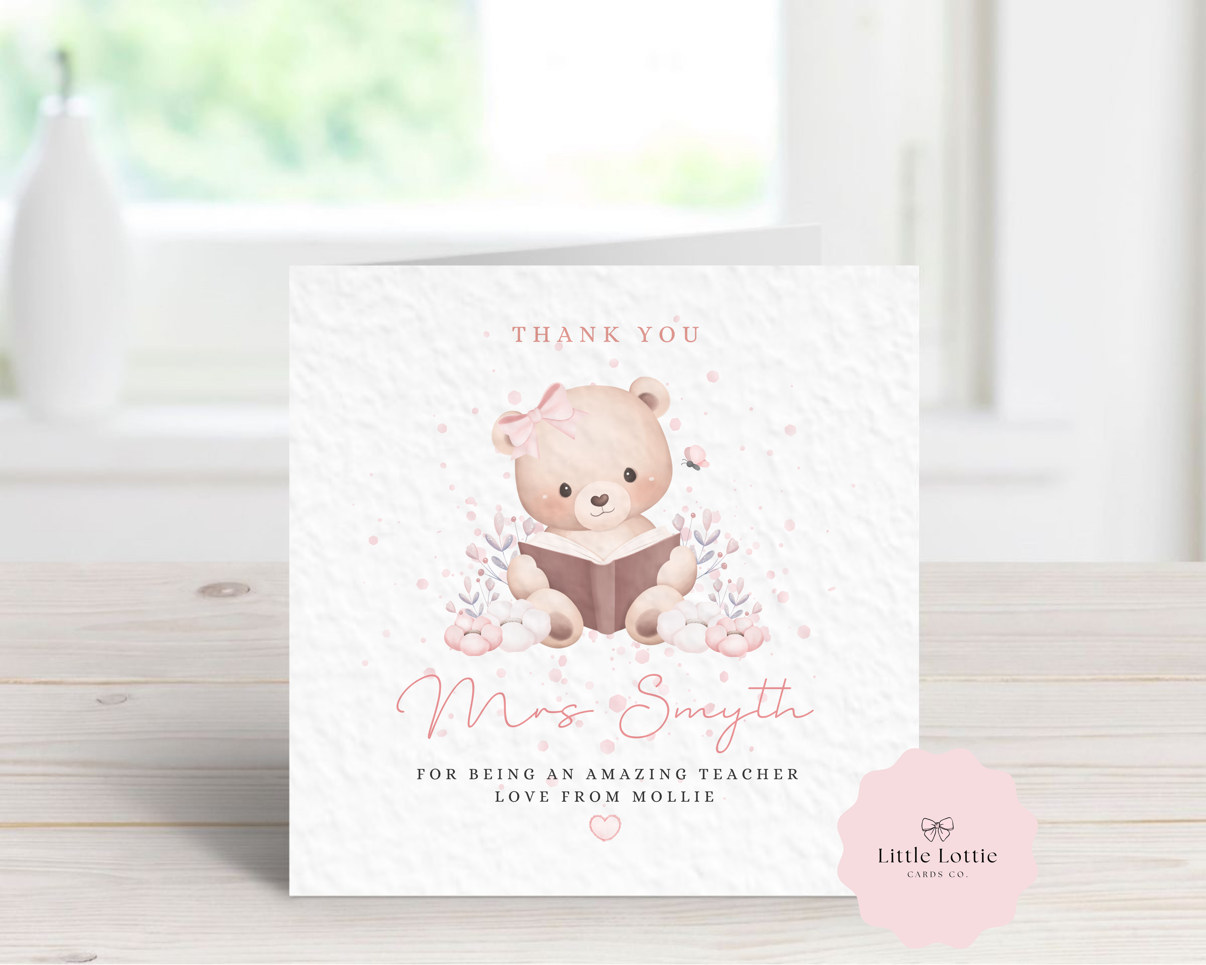 Personalised Reading Teddy Bear Teacher Thank You Card - Custom Name Watercolour Book Design