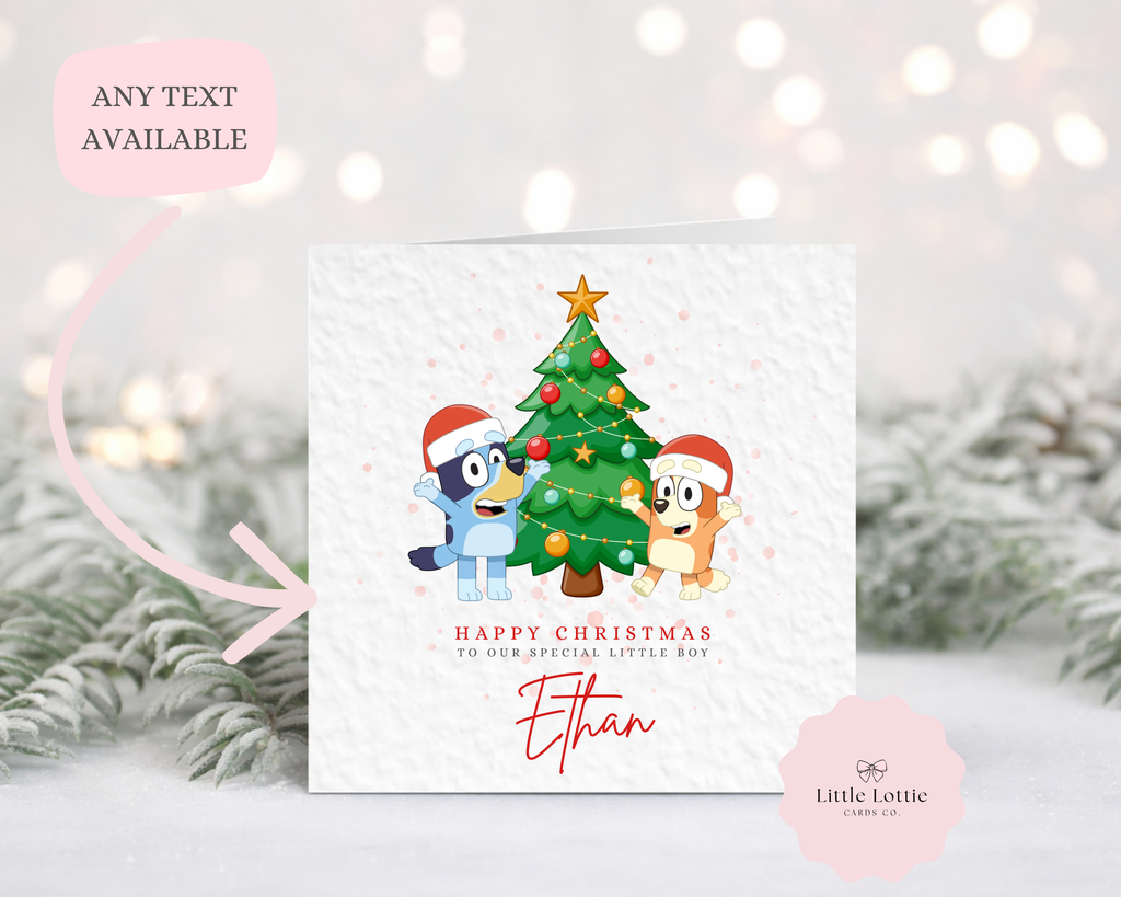 Personalised Bluey Christmas Card - Bluey and Bingo Christmas Tree Illustration