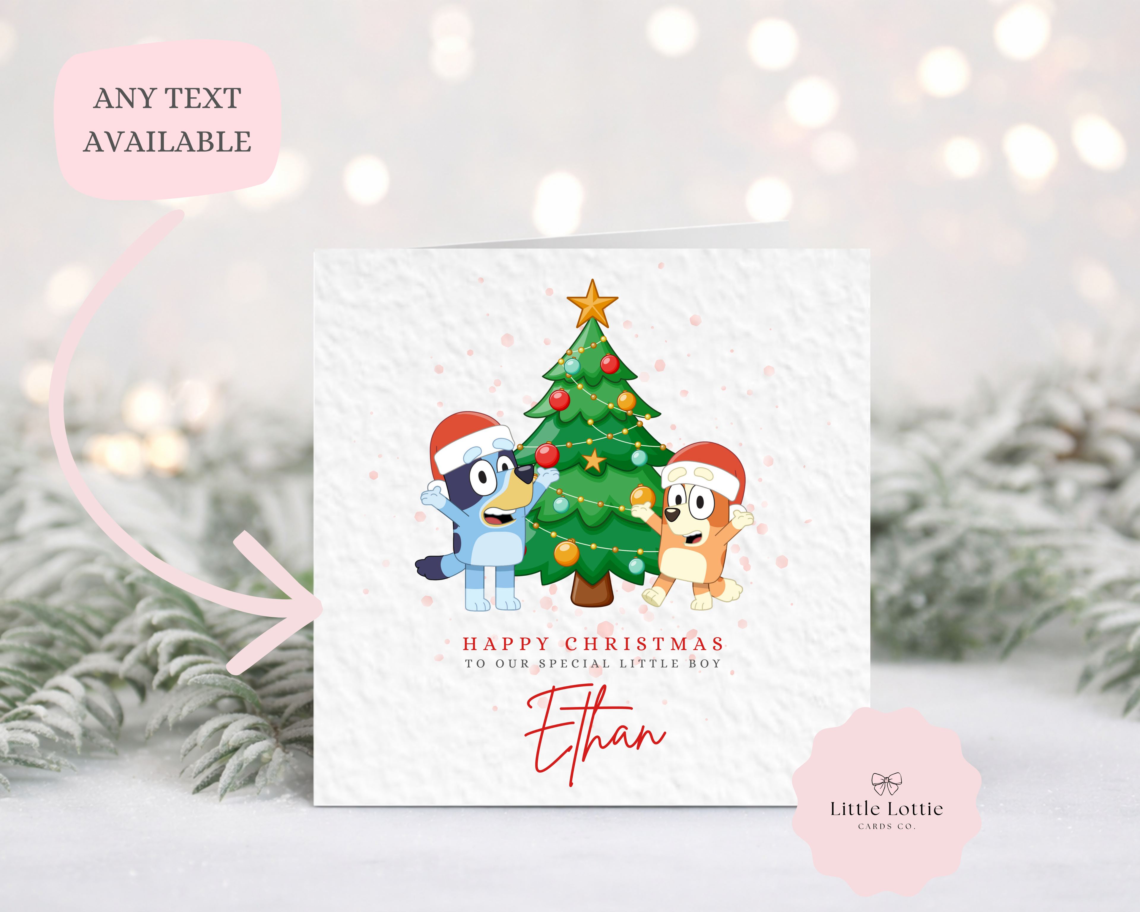Personalised Bluey Christmas Card - Bluey and Bingo Christmas Tree Illustration