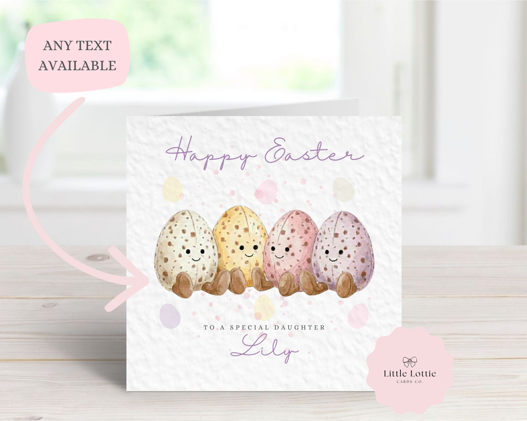 Personalised Easter Card for Daughter - Watercolor Mini Egg Family Design - Custom Name &amp; Relation - Luxury 6" Square Card for Granddaughter, Niece, Special Little Girl