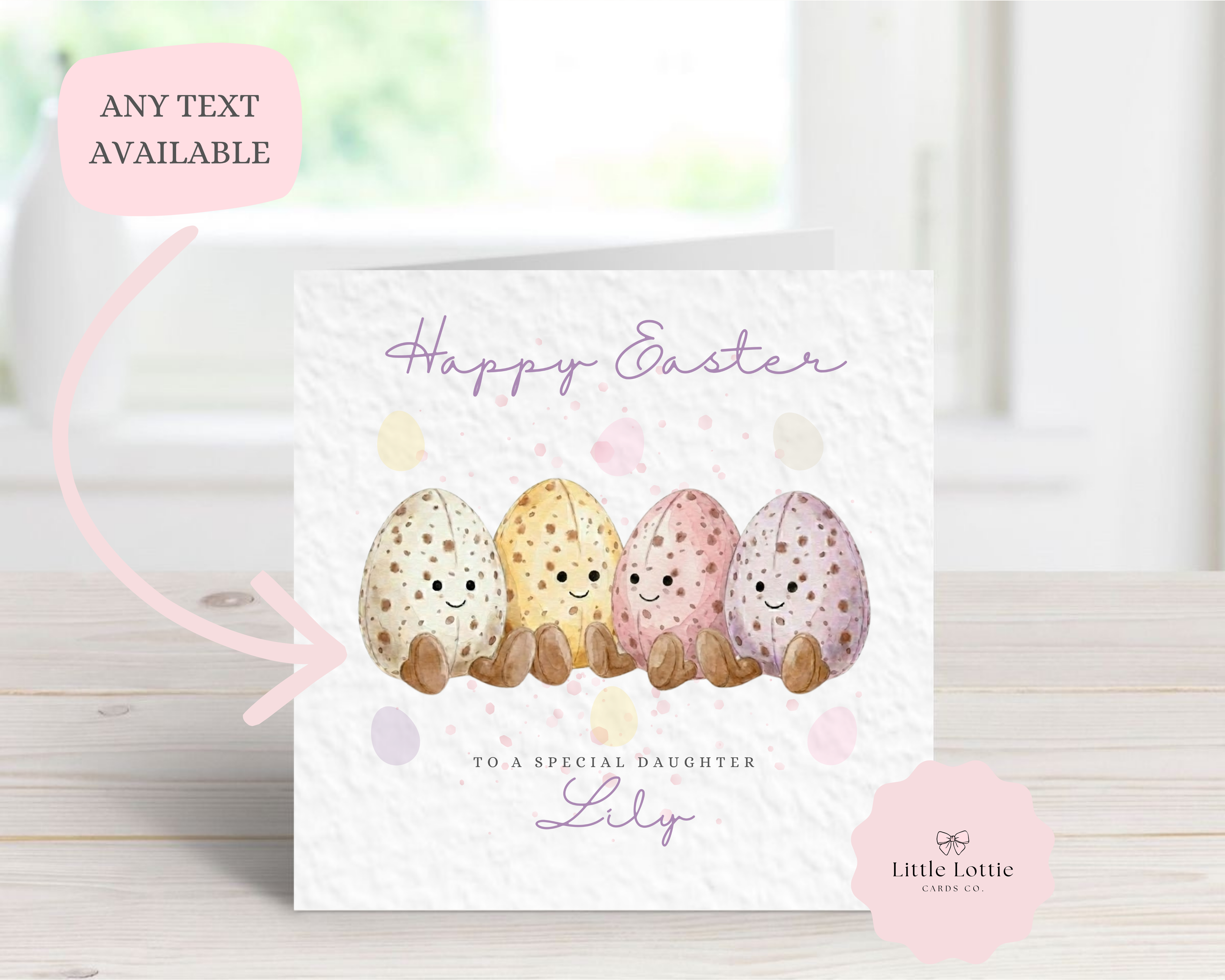 Personalised Easter Card for Daughter - Watercolor Mini Egg Family Design - Custom Name &amp; Relation - Luxury 6" Square Card for Granddaughter, Niece, Special Little Girl
