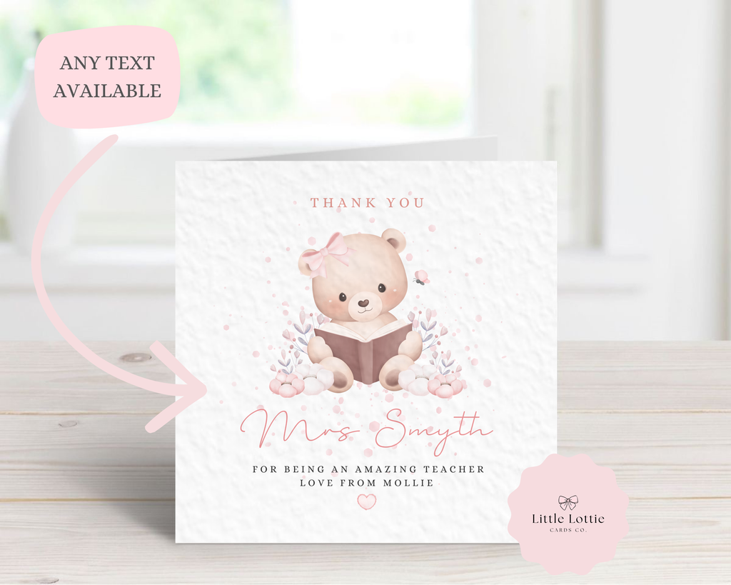 Personalised Reading Teddy Bear Teacher Thank You Card - Custom Name Watercolour Book Design