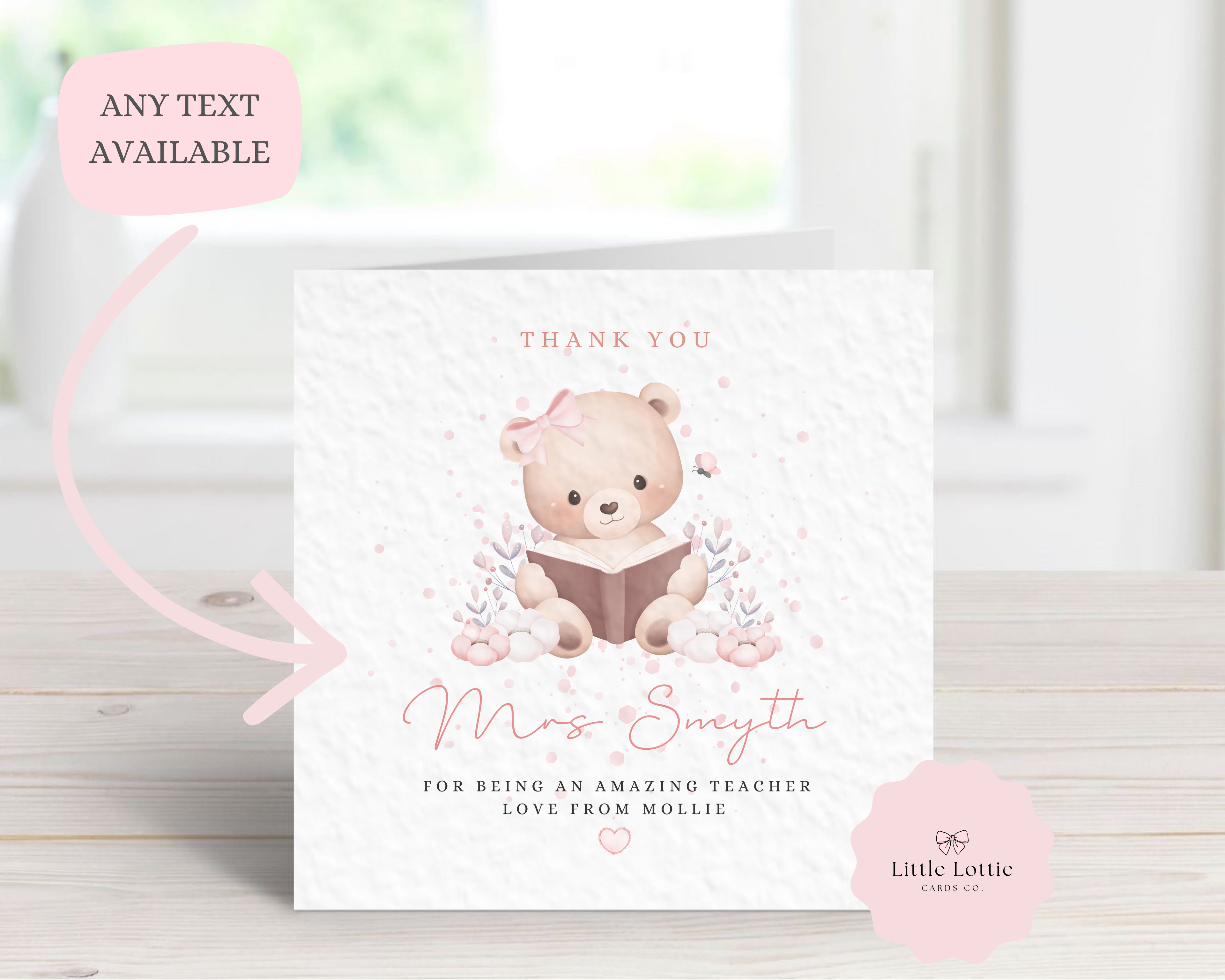 Personalised Reading Teddy Bear Teacher Thank You Card - Custom Name Watercolour Book Design