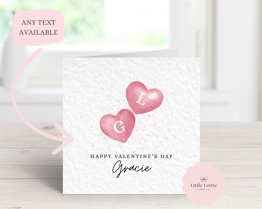 Personalised Valentine’s Day Card - Any Name & Relation - Double Watercolor Hearts Illustration - Custom Initial "Gracie" Card - Luxury Square Card for Her