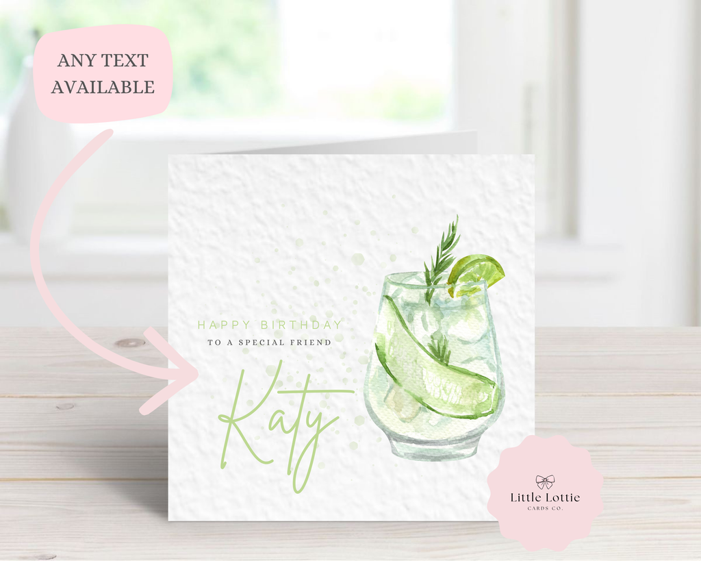 Personalised Cucumber Gin & Tonic Birthday Card - Any Name & Relation - Luxury Green Watercolor Cocktail Illustration - Custom "Happy Birthday" G&T Card - Large 6" Square