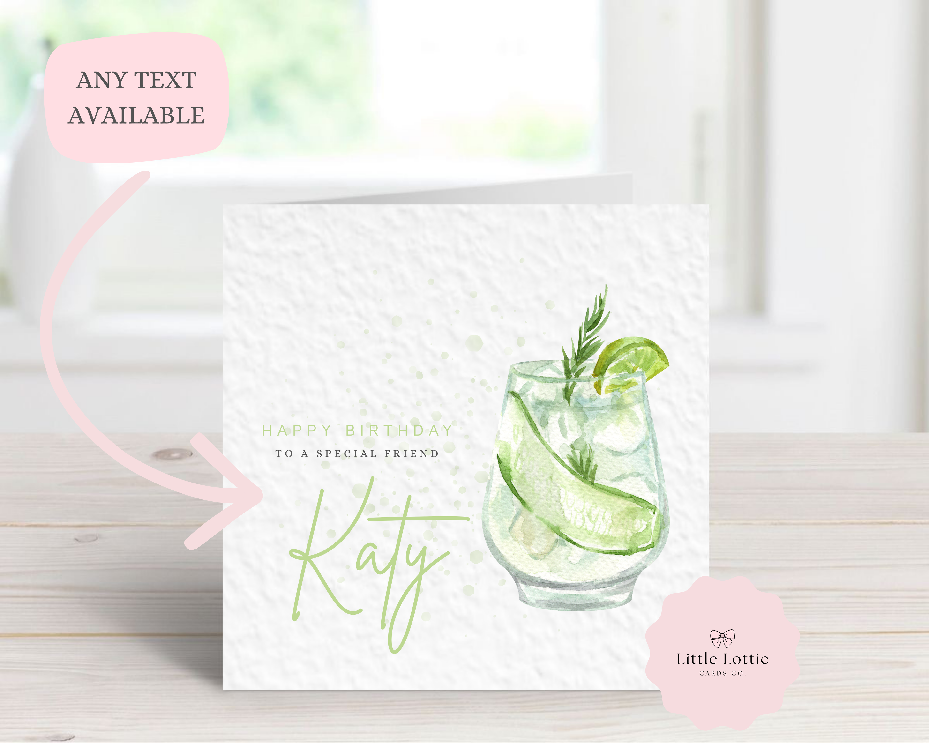 Personalised Cucumber Gin & Tonic Birthday Card - Any Name & Relation - Luxury Green Watercolor Cocktail Illustration - Custom "Happy Birthday" G&T Card - Large 6" Square