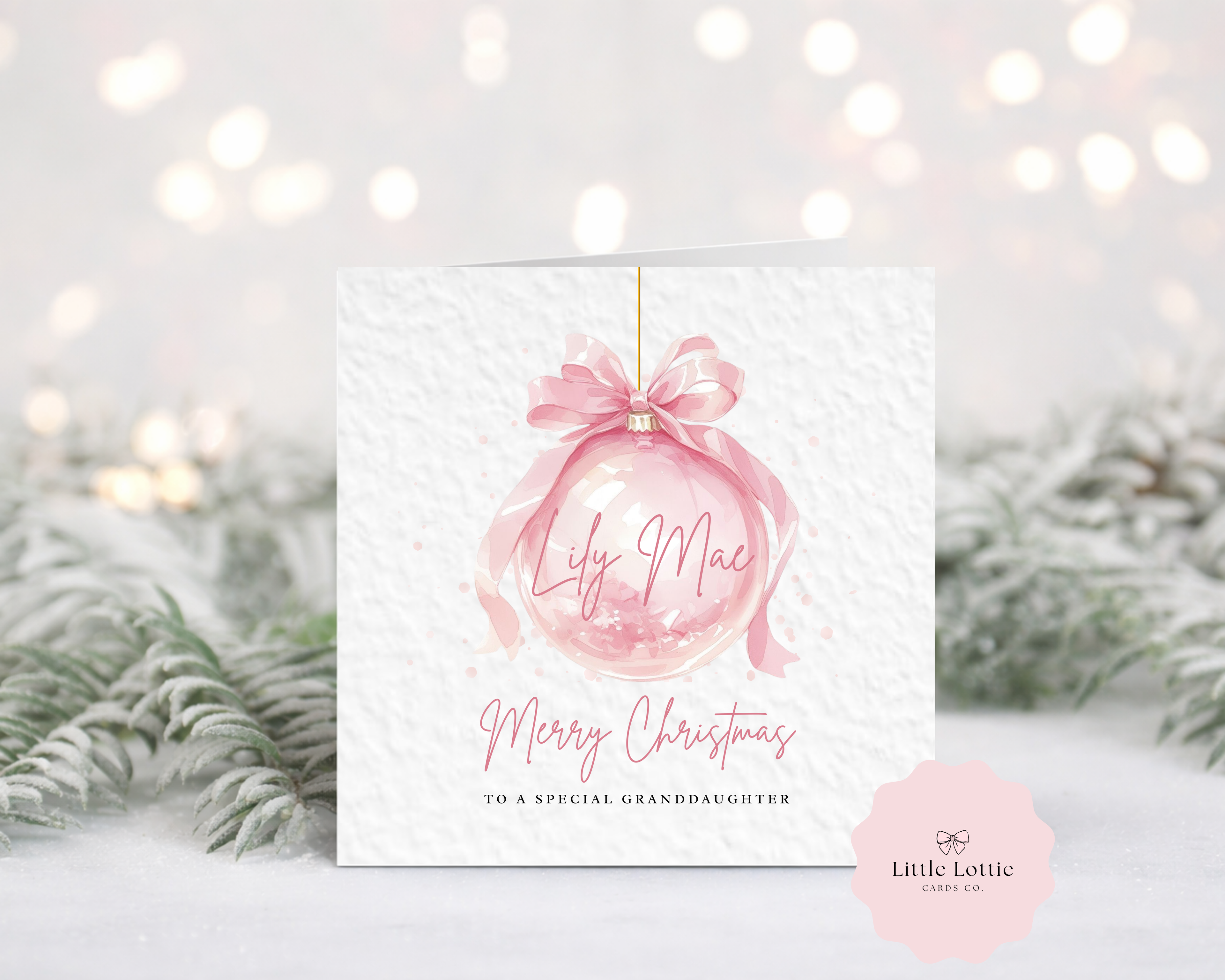 Personalised Christmas Card - Light Pink Watercolour Bauble Illustration