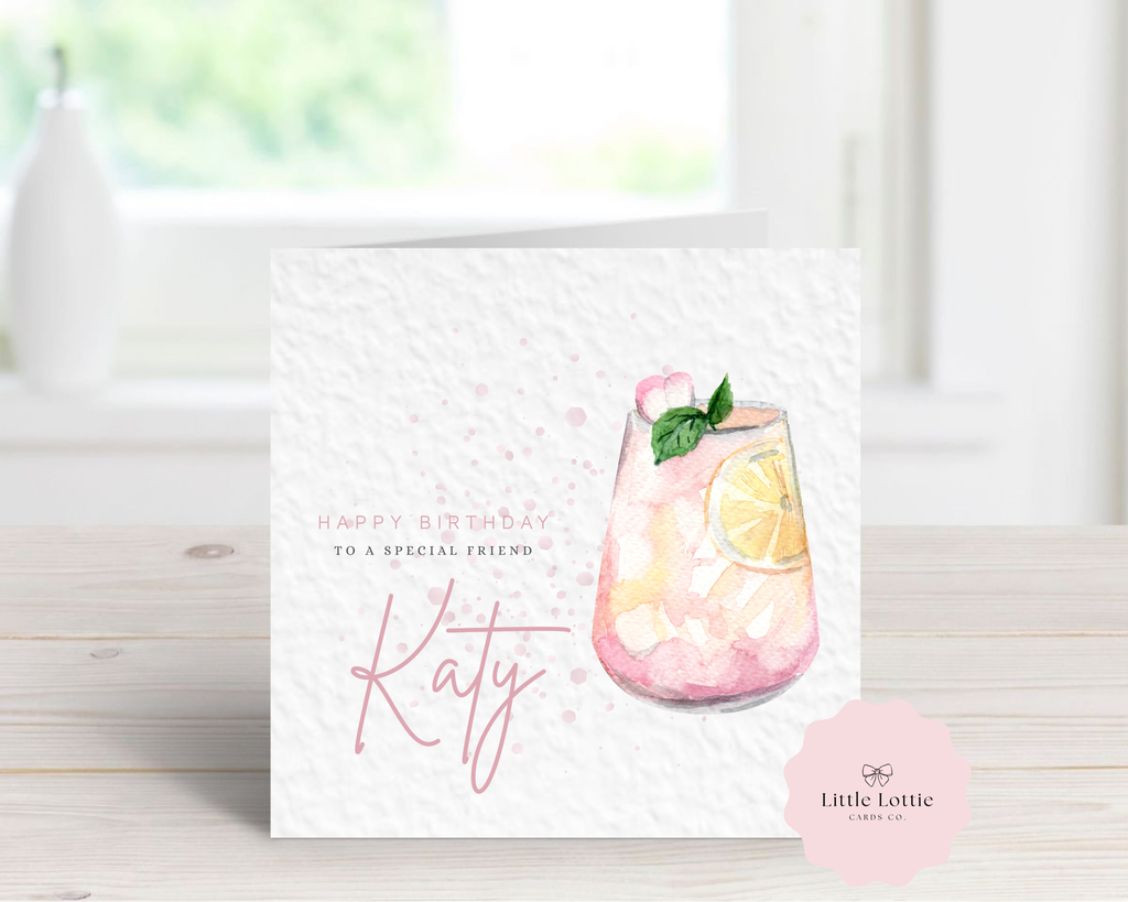Personalised Pink Gin Birthday Card - Any Name & Relation - Luxury Pink Watercolour Cocktail Illustration - Custom "Happy Birthday" G&T Card - Large 6" Square