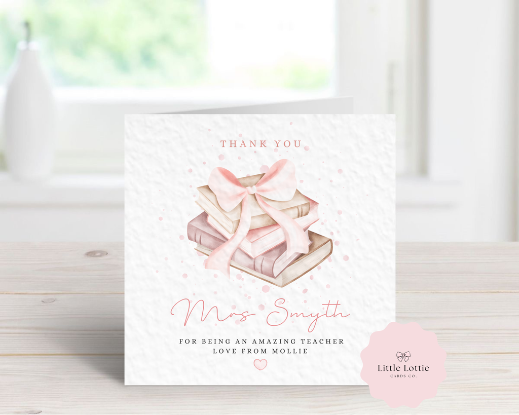 Personalised Stack of Books Teacher Thank You Card - Custom Name Watercolour Ribbon Design