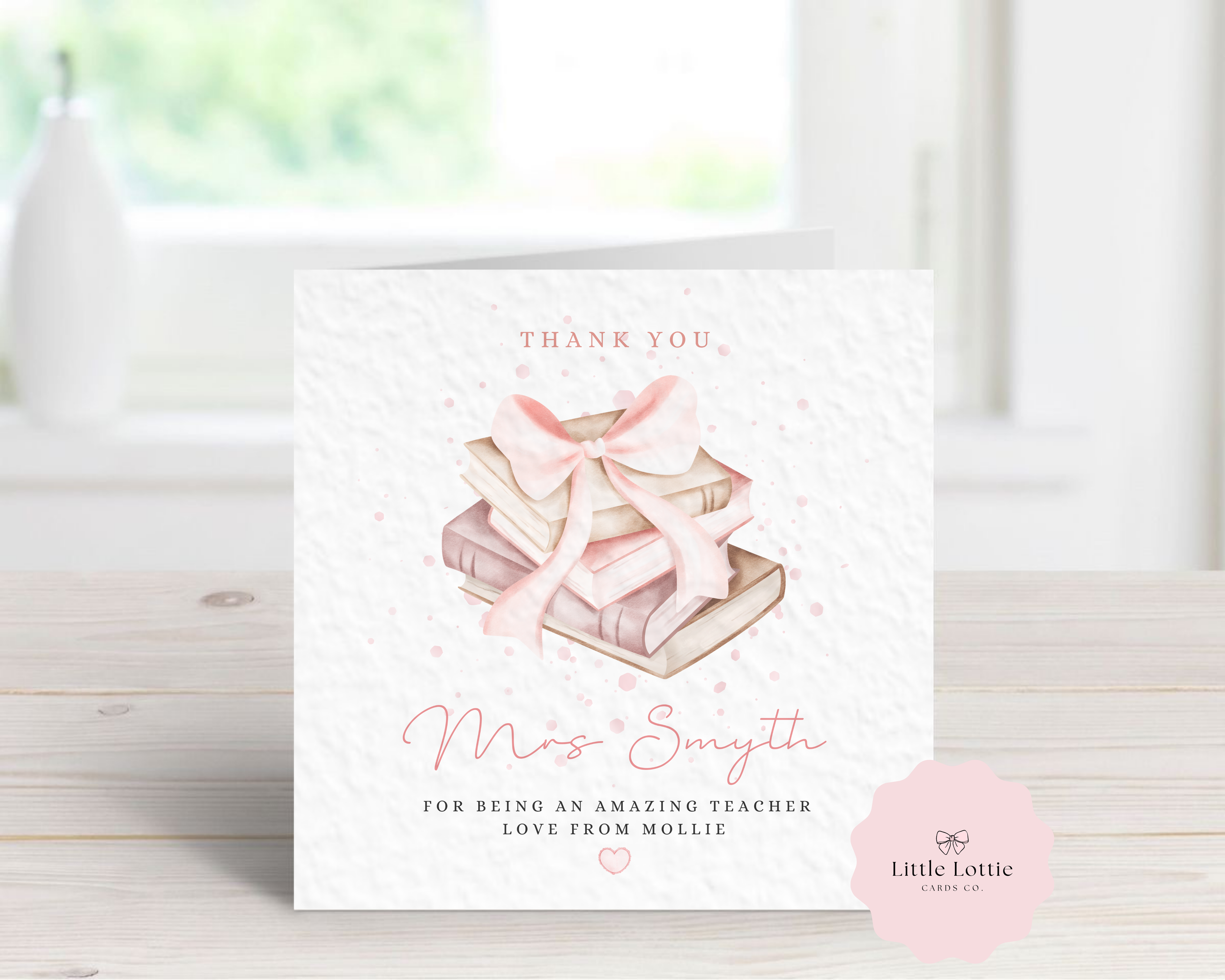 Personalised Stack of Books Teacher Thank You Card - Custom Name Watercolour Ribbon Design