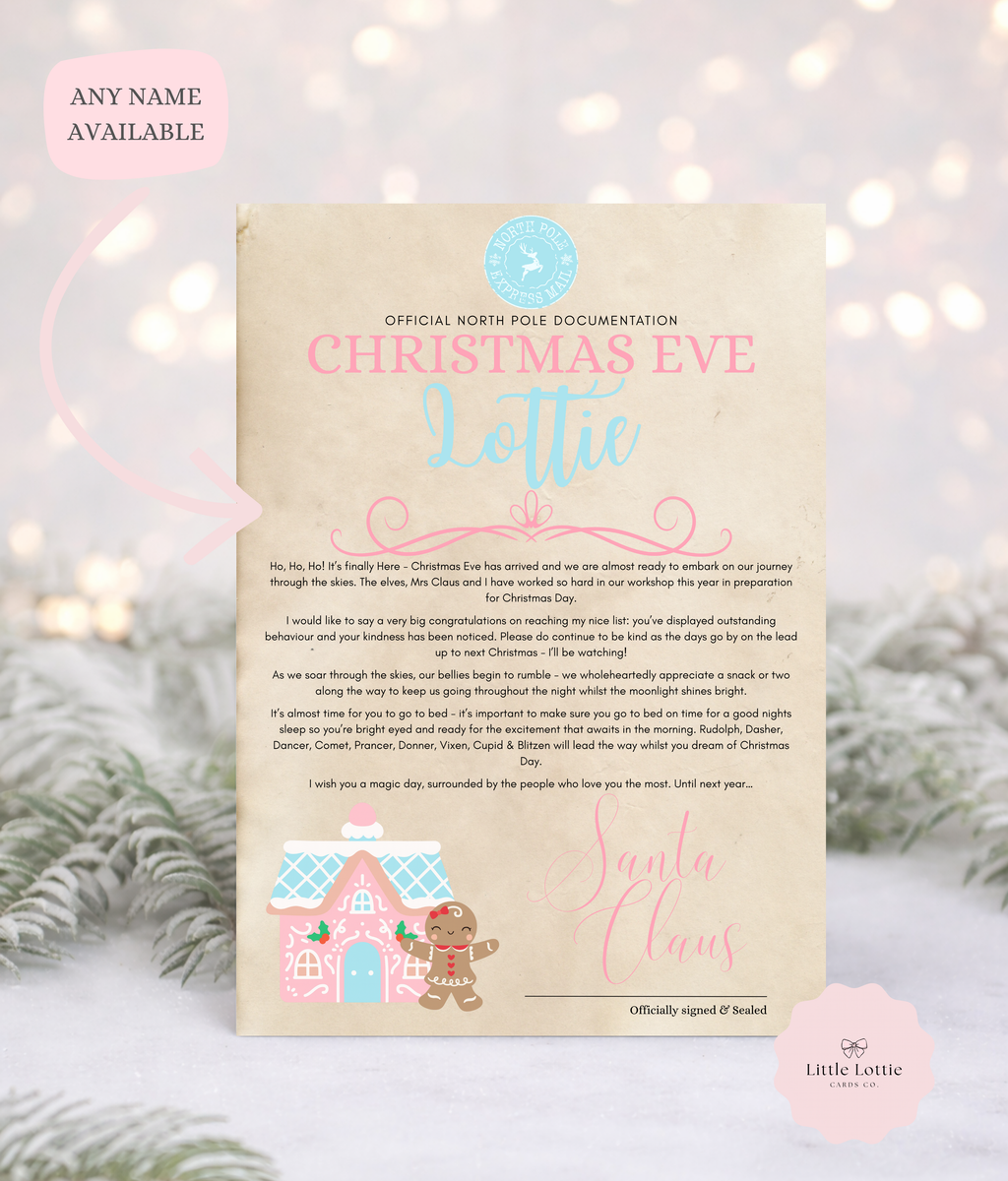 Personalised A4 Santa Letter - Pink Gingerbread House Design - Luxury Antiqued Paper