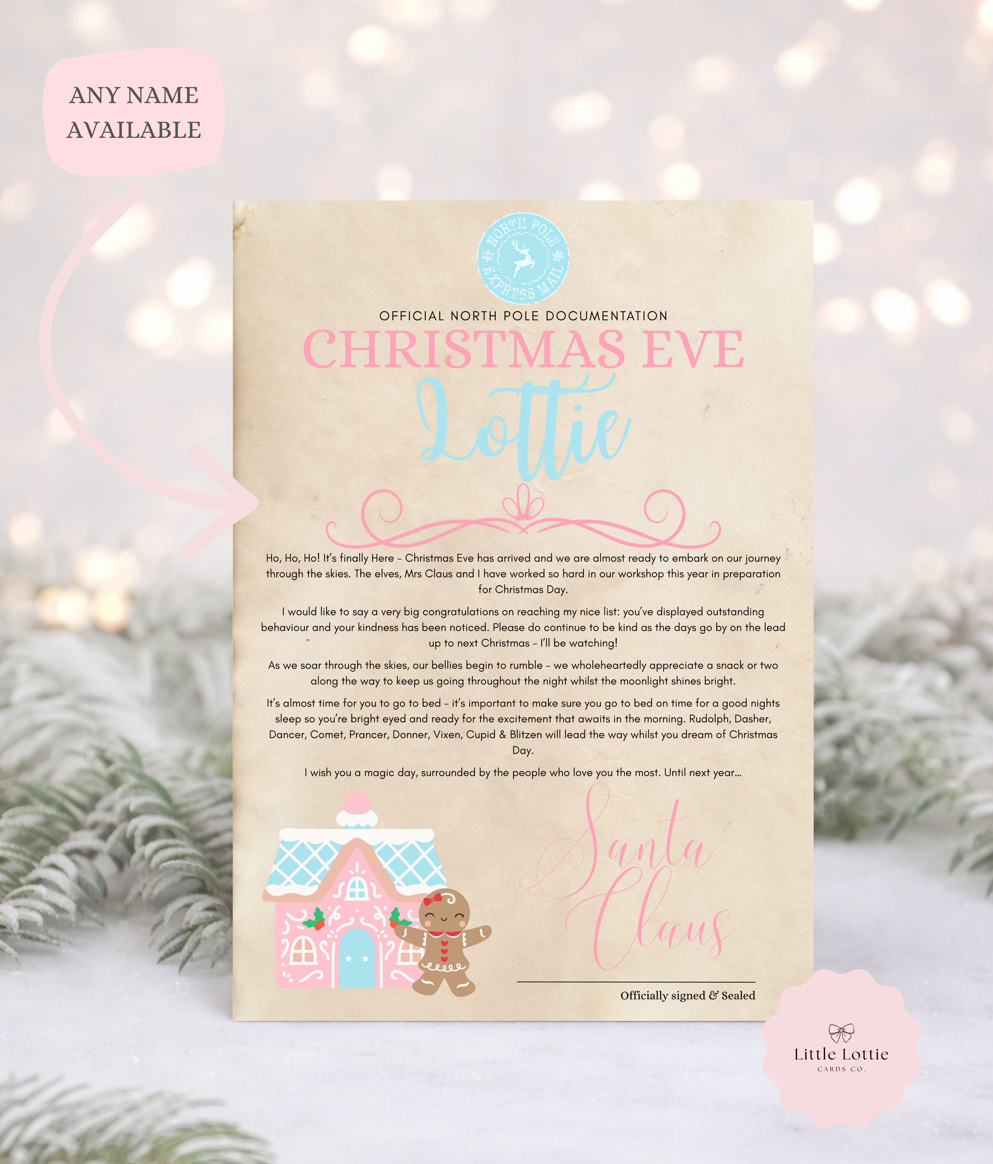 Personalised A4 Santa Letter - Pink Gingerbread House Design - Luxury Antiqued Paper