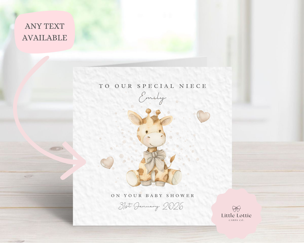Personalised Baby Shower Card for Niece, Daughter or Friend - Any Name, Date & Relation - Cute Watercolor Giraffe - Custom New Baby Card