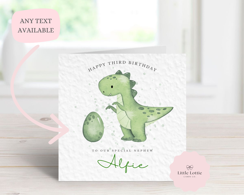 Personalised Dinosaur Birthday Card - Cute Watercolour T-Rex & Egg Illustration