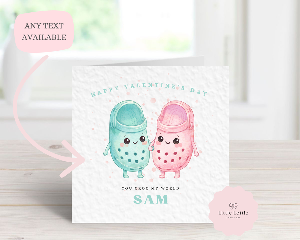 Personalised Valentine's Day Card - Any Name & Relation - Cute "You Croc My World" Illustration - Custom Pun Valentine's Card - Luxury Square Card