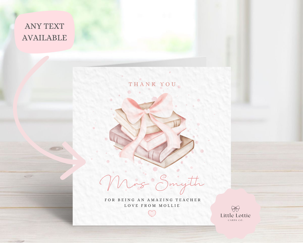 Personalised Stack of Books Teacher Thank You Card - Custom Name Watercolour Ribbon Design