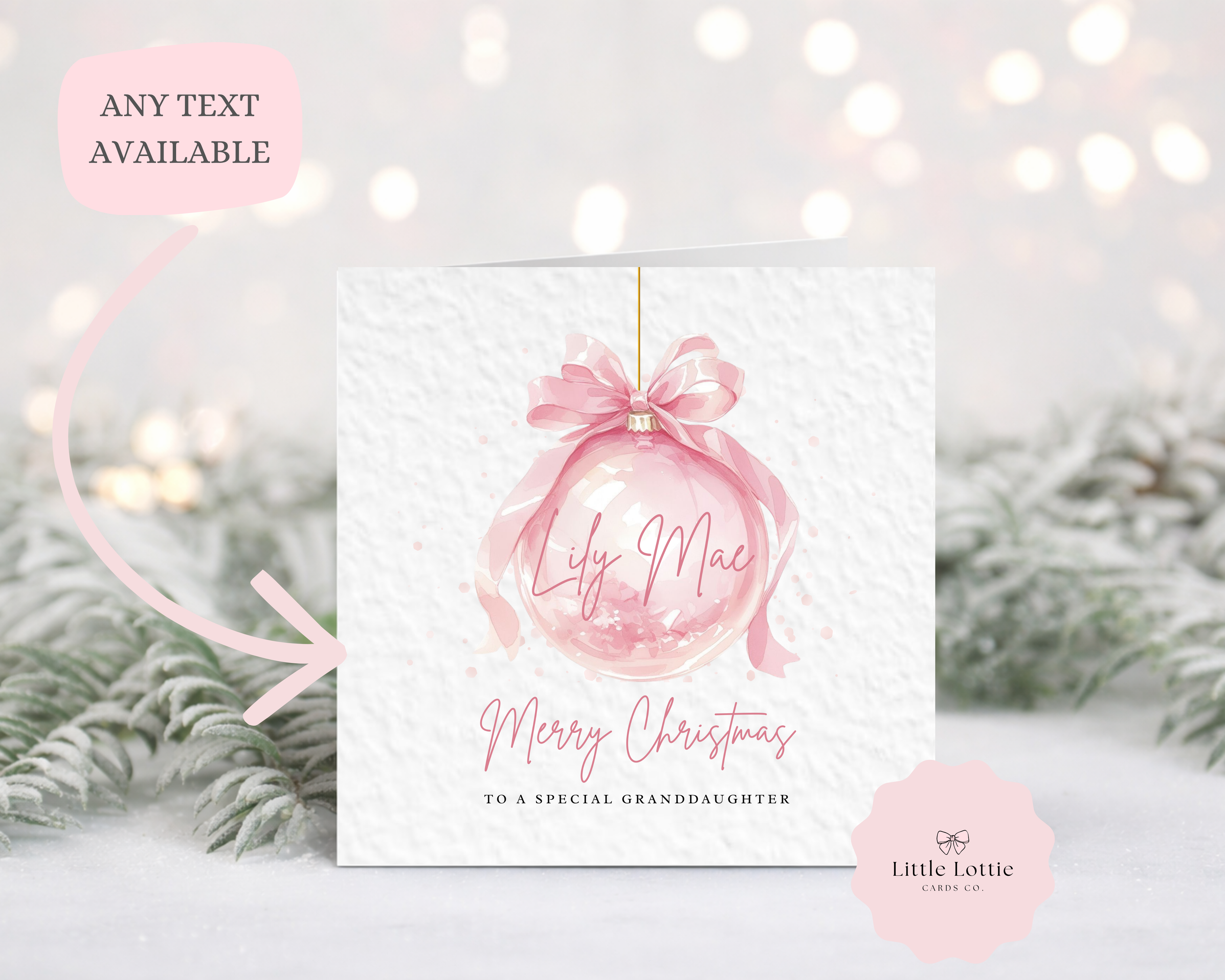 Personalised Christmas Card - Light Pink Watercolour Bauble Illustration
