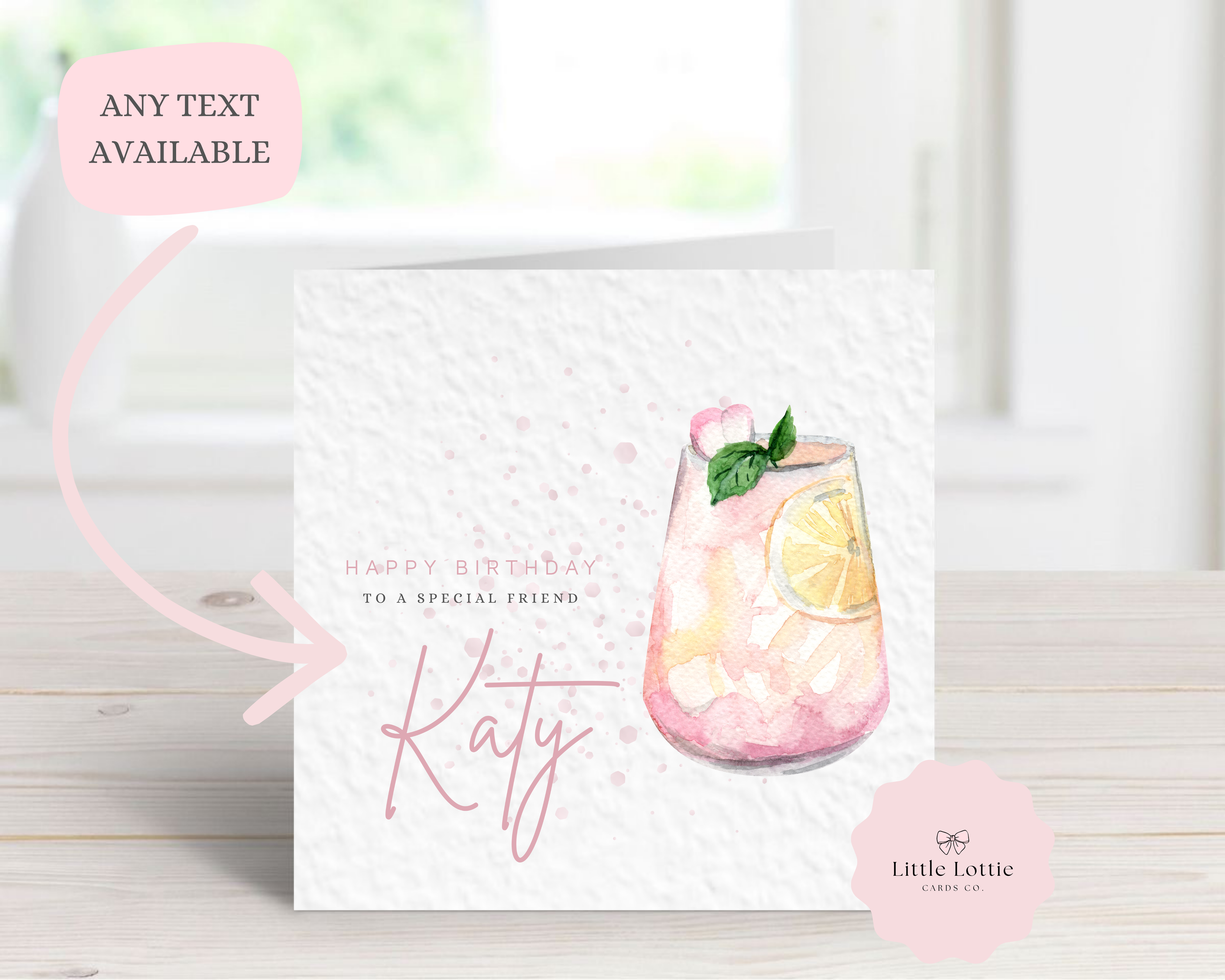 Personalised Pink Gin Birthday Card - Any Name & Relation - Luxury Pink Watercolour Cocktail Illustration - Custom "Happy Birthday" G&T Card - Large 6" Square