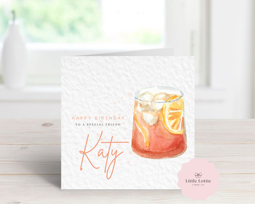 Personalised Negroni Birthday Card - Any Name & Relation - Luxury Orange Watercolor Cocktail Illustration - Custom "Happy Birthday" Card for Him or Her - Large 6" Square
