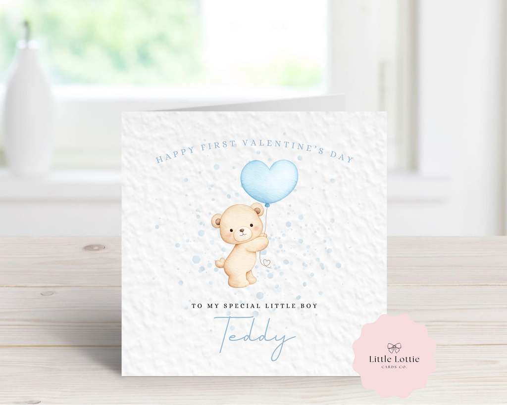 Personalised Valentine's Day Card - Any Name & Relation - Cute Teddy Bear with Heart Balloon - Custom "First Valentine's" or "Happy Valentine's" Card - Luxury Square Card
