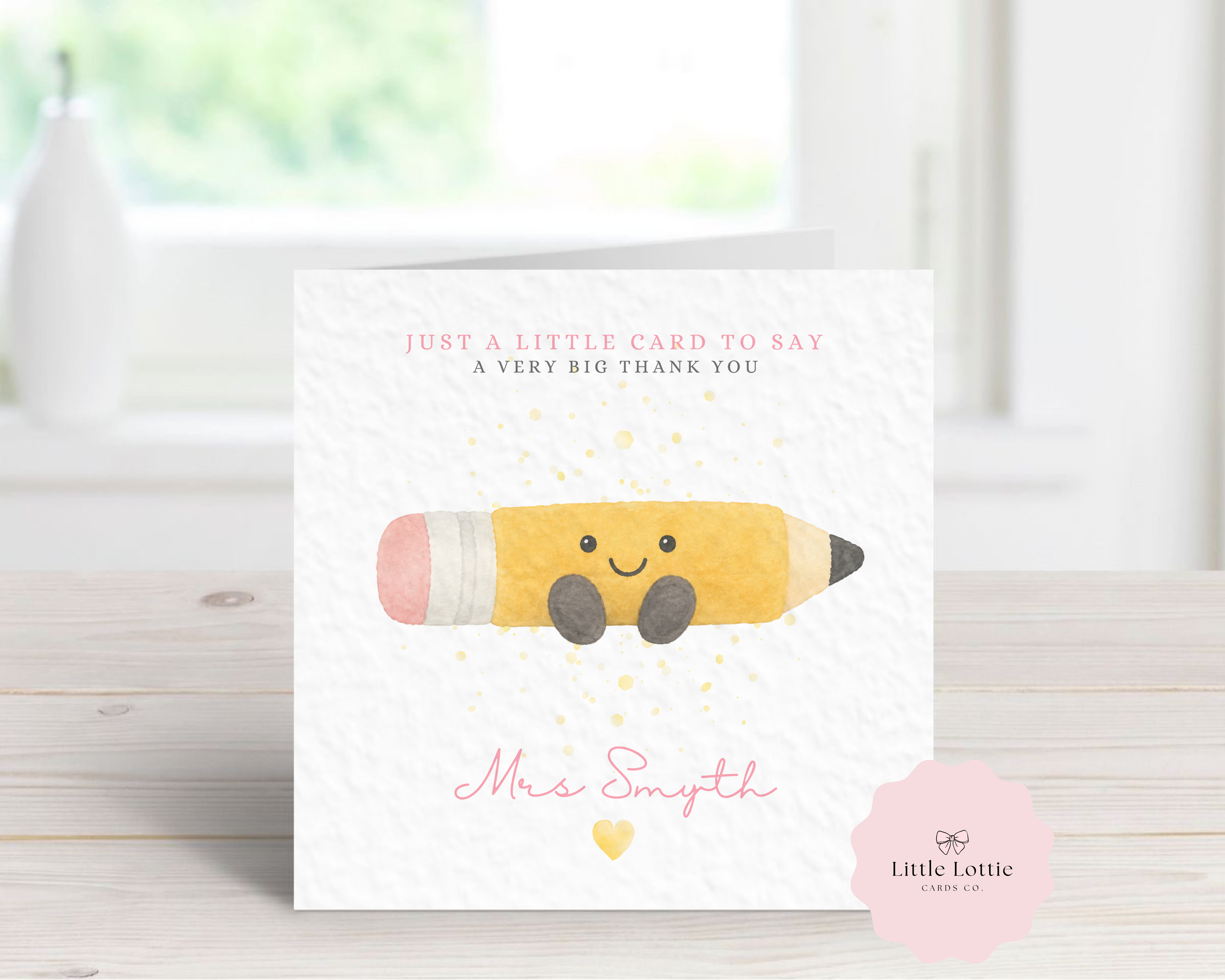 Personalised Cute Pencil Character Teacher Card - Pink Jellycat Inspired Design
