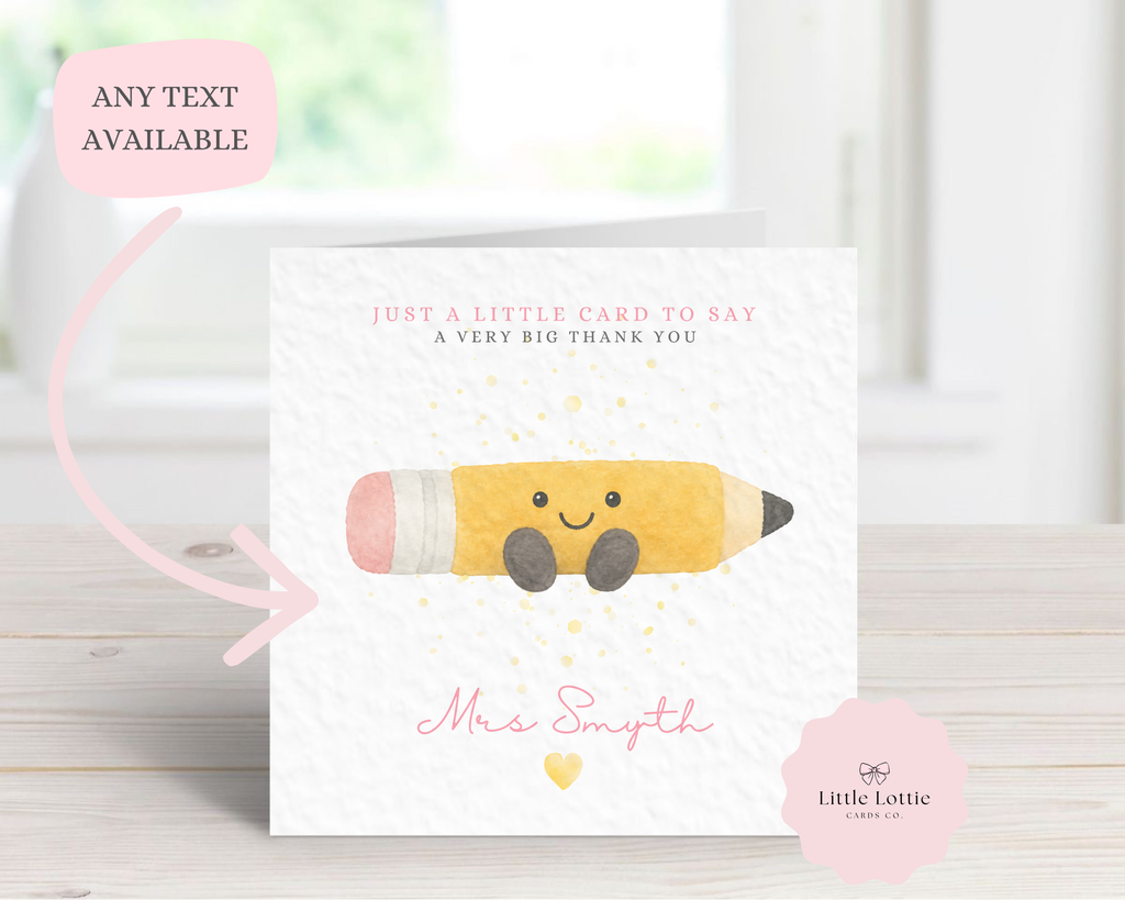 Personalised Cute Pencil Character Teacher Card - Pink Jellycat Inspired Design