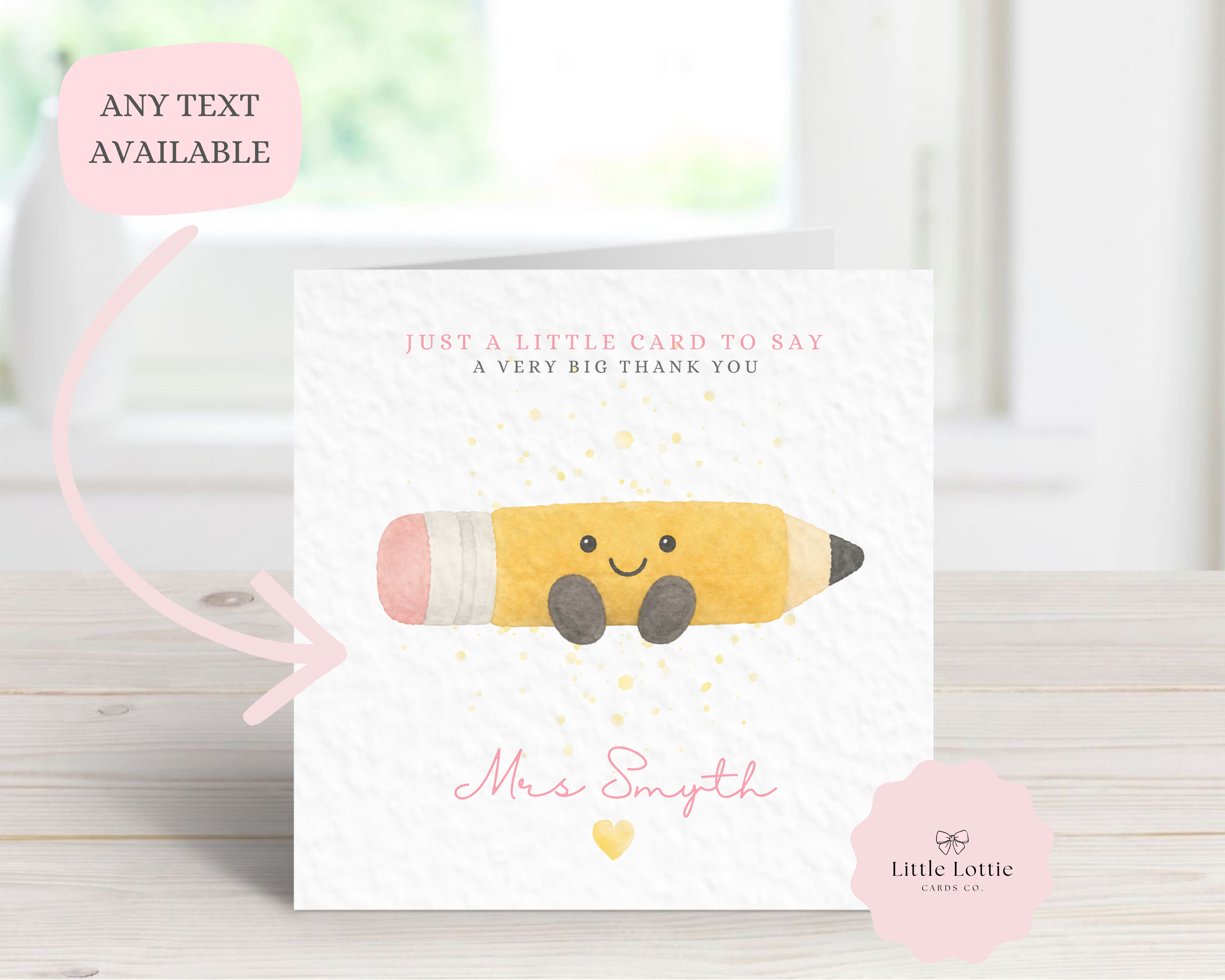 Personalised Cute Pencil Character Teacher Card - Pink Jellycat Inspired Design