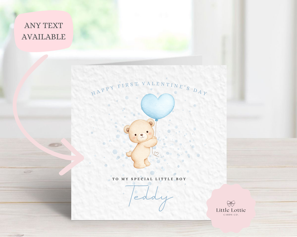 Personalised Valentine's Day Card - Any Name & Relation - Cute Teddy Bear with Heart Balloon - Custom "First Valentine's" or "Happy Valentine's" Card - Luxury Square Card