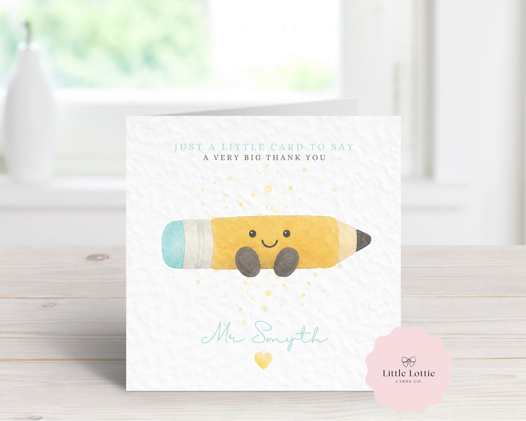 Personalised Cute Pencil Character Teacher Card - Blue Jellycat Inspired Design