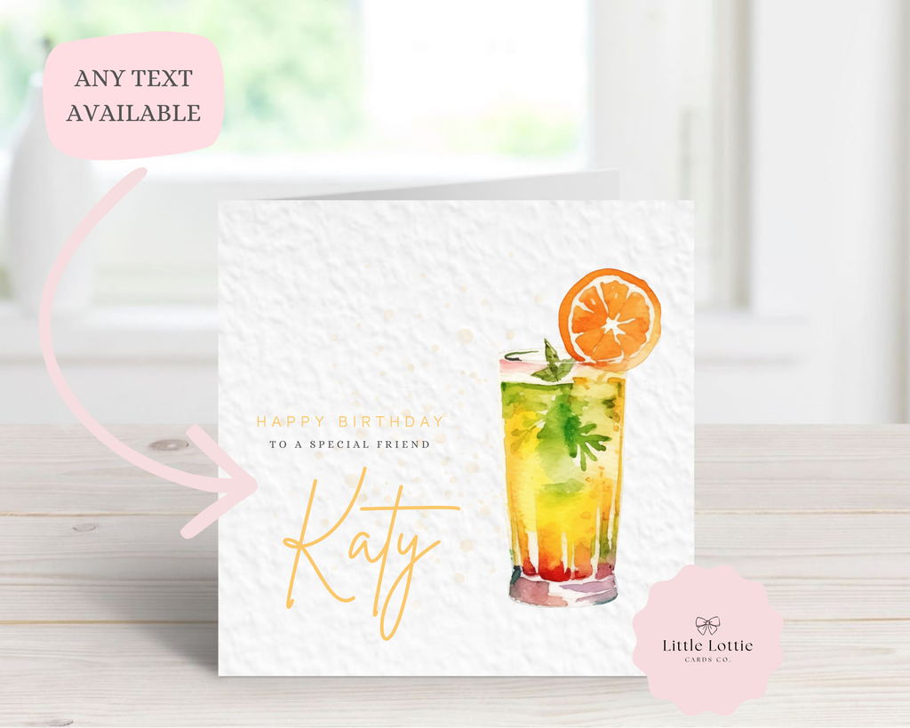 Personalised Sex on the Beach Cocktail Birthday Card - Any Name & Relation - Luxury Watercolor Illustration - Custom "Happy Birthday" Friend Card - Large 6" Square Keepsake