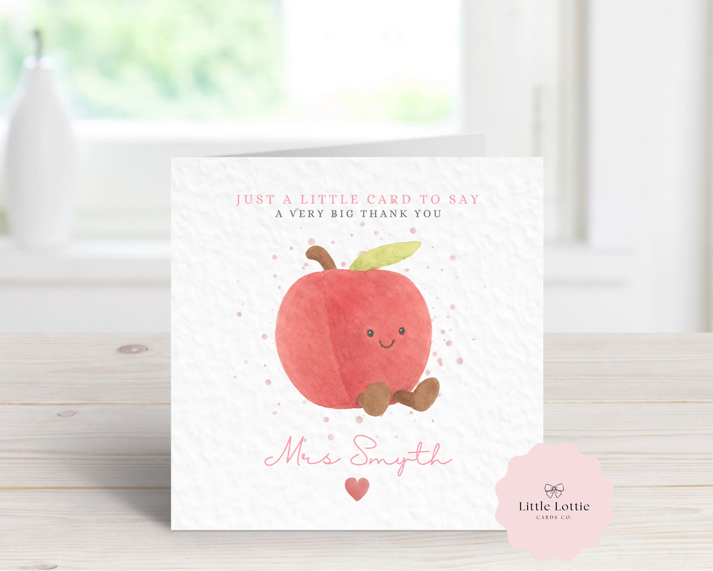 Personalised Cute Apple Character Teacher Card - Pink Jellycat Inspired Design