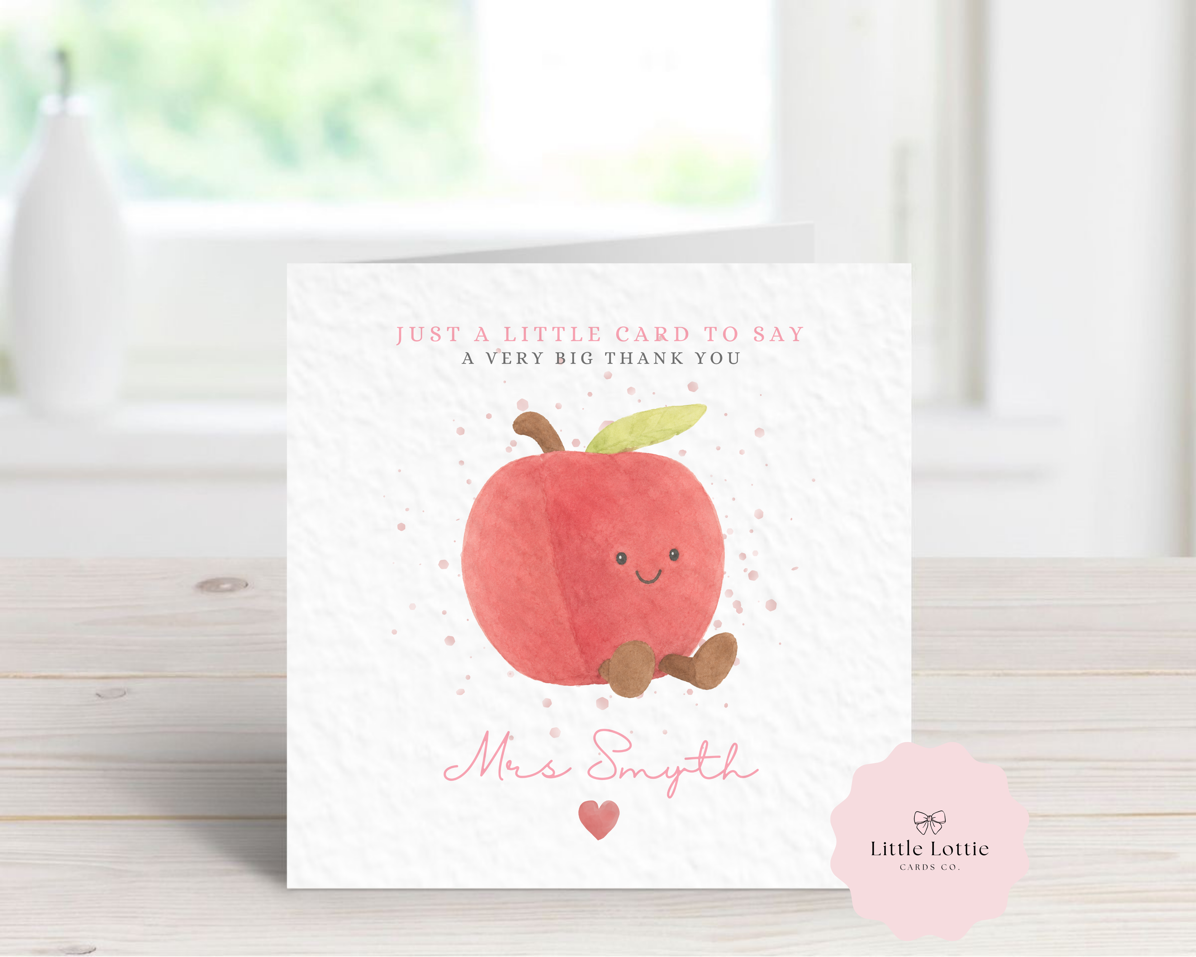 Personalised Cute Apple Character Teacher Card - Pink Jellycat Inspired Design