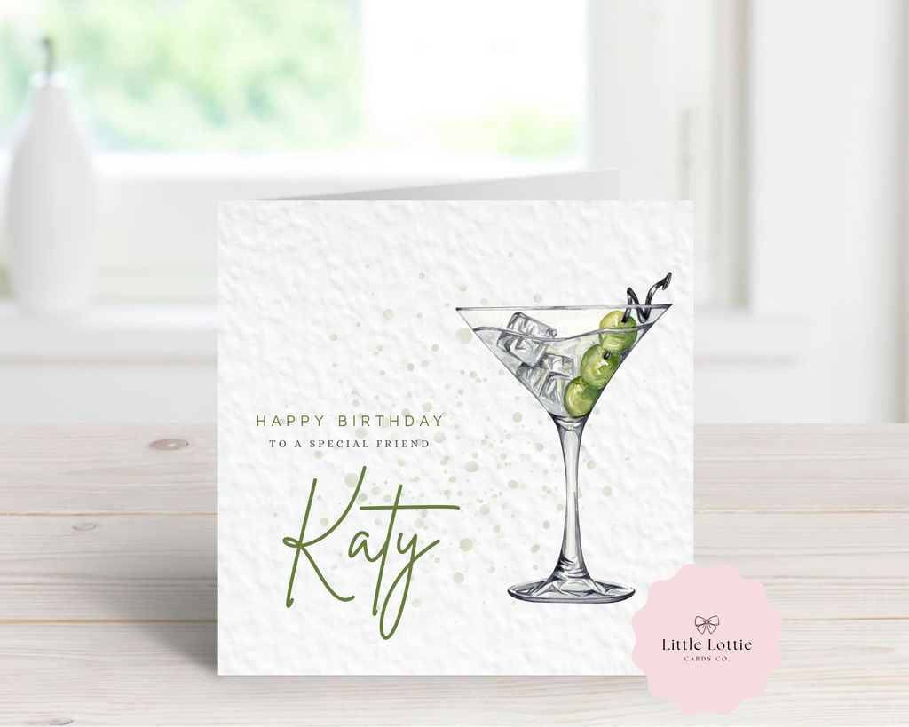 Personalised Dirty Martini Birthday Card - Any Name & Relation - Luxury Olive Green Watercolor Cocktail Illustration - Custom "Happy Birthday" Card - Large 6" Square